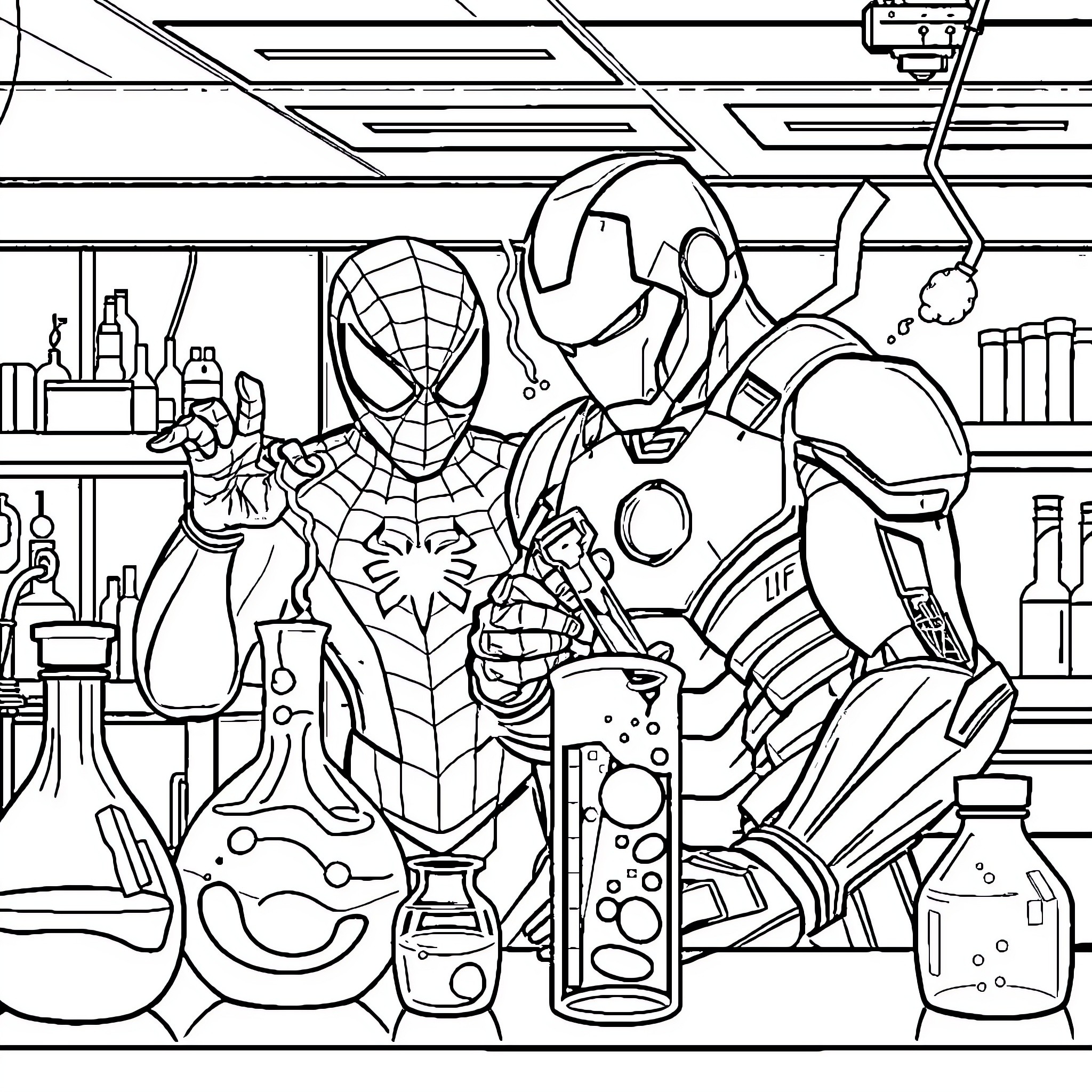 Spiderman and Iron Man work together in the lab Coloring Page (free black-and-white line drawing printable PDF for all, from beginners to advanced learners, including children, teens, adults, and seniors)