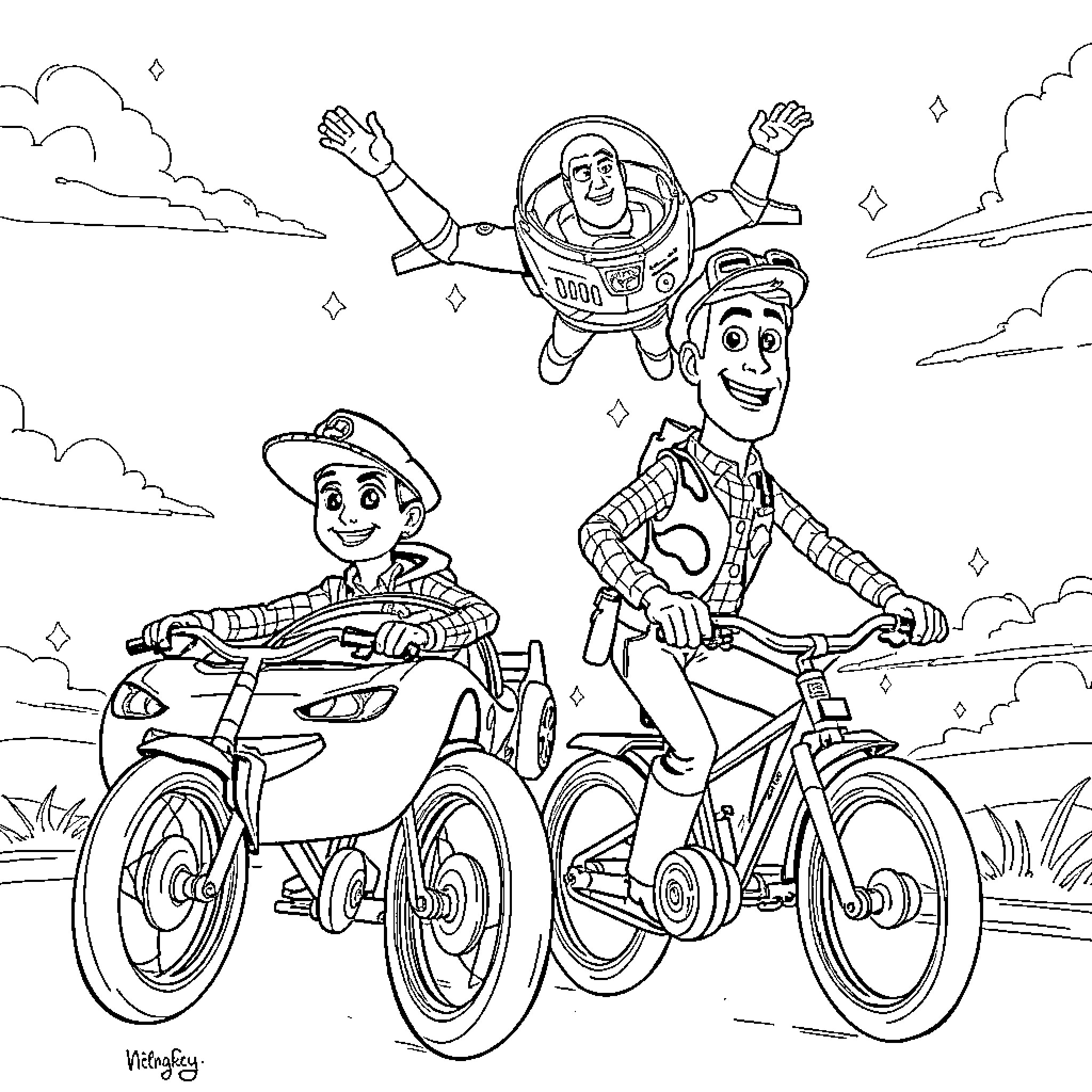 Lightning McQueen and Buzz Lightyear's Toy Story Adventure Coloring Page (free black-and-white line drawing printable PDF for all, from beginners to advanced learners, including children, teens, adults, and seniors)