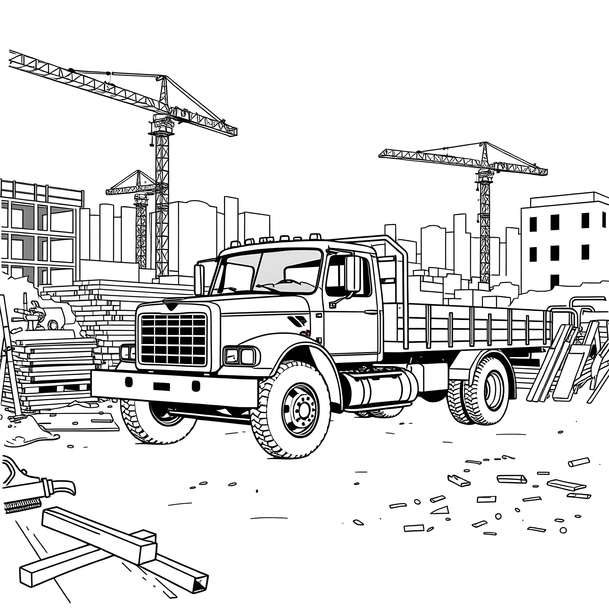 Flatbed truck navigating construction site Coloring Page (free black-and-white line drawing printable PDF for all, from beginners to advanced learners, including children, teens, adults, and seniors)