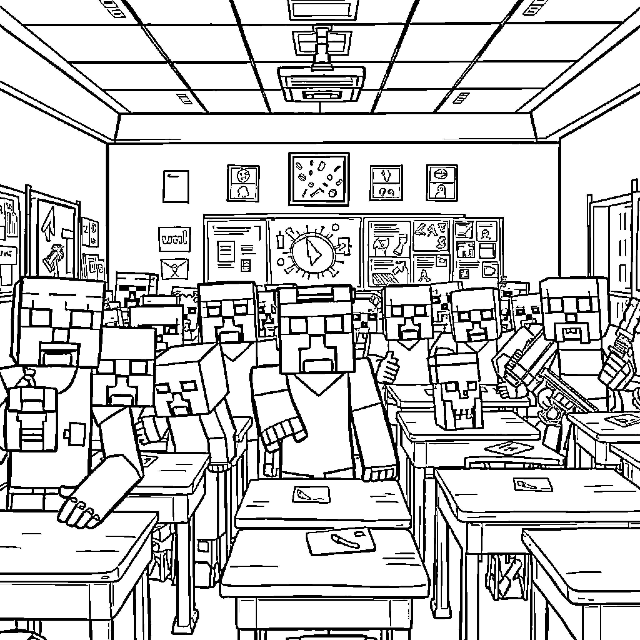 Minecraft Mob Classroom Chaos Coloring Page (free black-and-white line drawing printable PDF for all, from beginners to advanced learners, including children, teens, adults, and seniors)