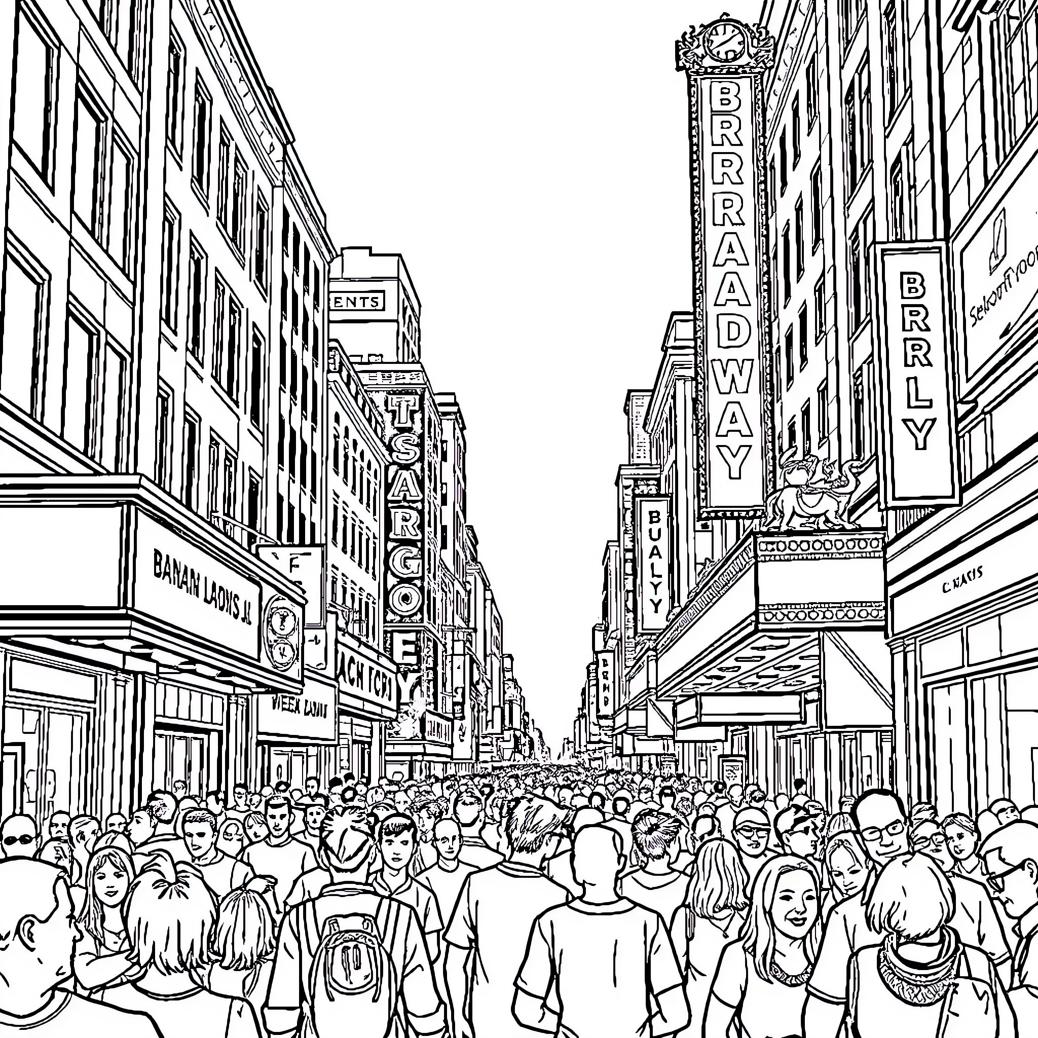 Broadway bustling with crowds and lively scenes Coloring Page (free black-and-white line drawing printable PDF for all, from beginners to advanced learners, including children, teens, adults, and seniors)