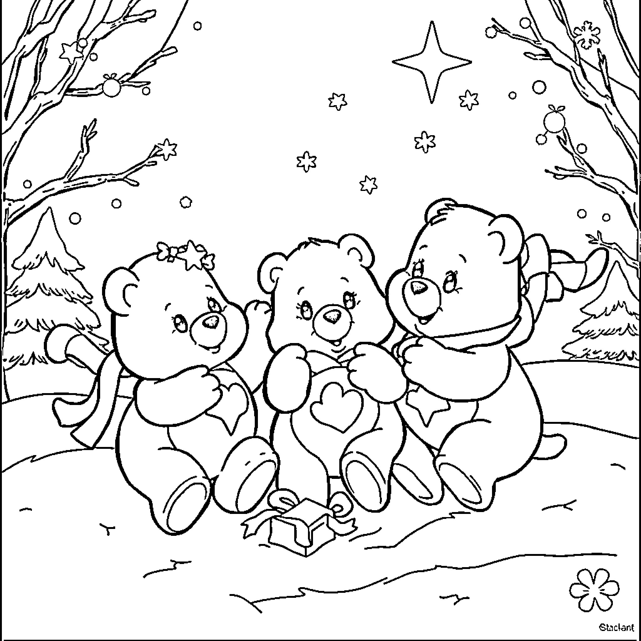 Care Bear Friends Enjoying Winter Wonderland Coloring Page (free black-and-white line drawing printable PDF for all, from beginners to advanced learners, including children, teens, adults, and seniors)