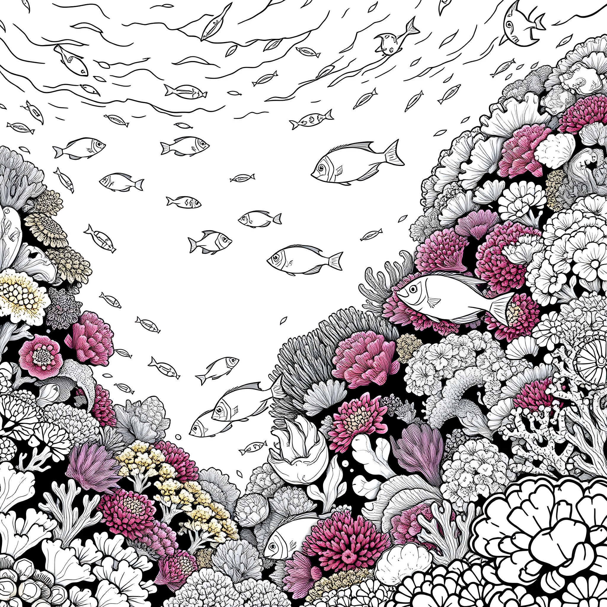 Fish swimming through a vibrant coral reef Coloring Page (free black-and-white line drawing printable PDF for all, from beginners to advanced learners, including children, teens, adults, and seniors)