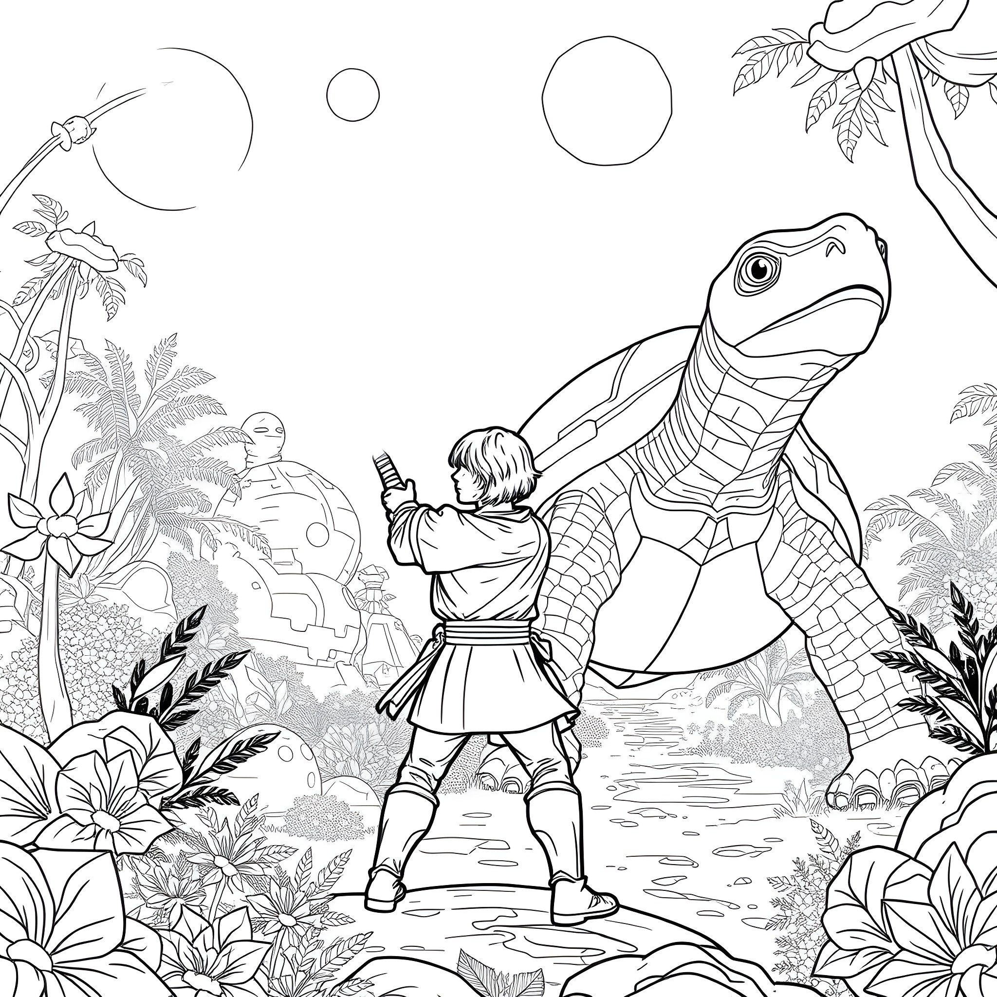 Luke Skywalker facing a giant alien creature in a mysterious jungle landscape Coloring Page (free black-and-white line drawing printable PDF for all, from beginners to advanced learners, including children, teens, adults, and seniors)