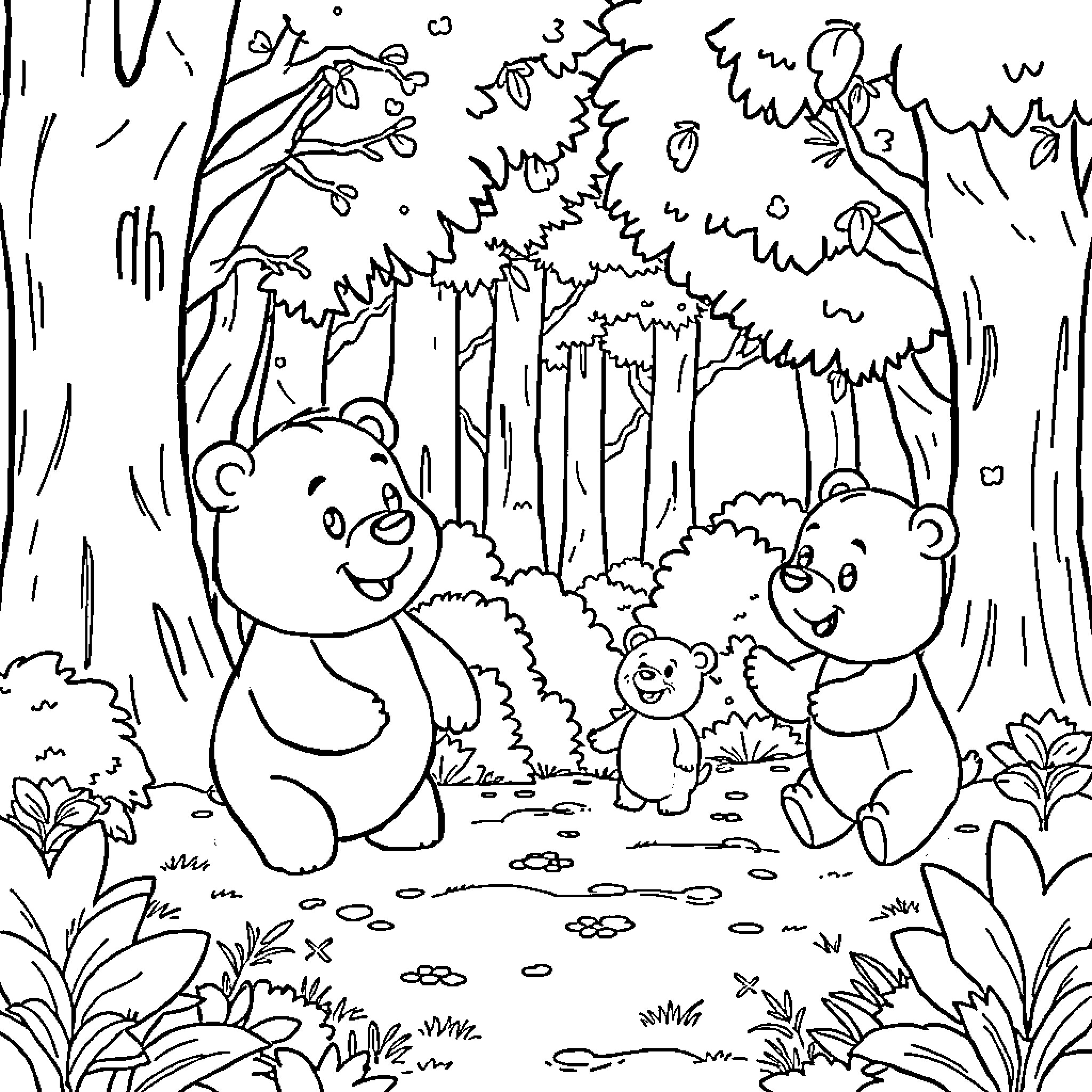 Bear family enjoying the forest scenery Coloring Page (free black-and-white line drawing printable PDF for all, from beginners to advanced learners, including children, teens, adults, and seniors)