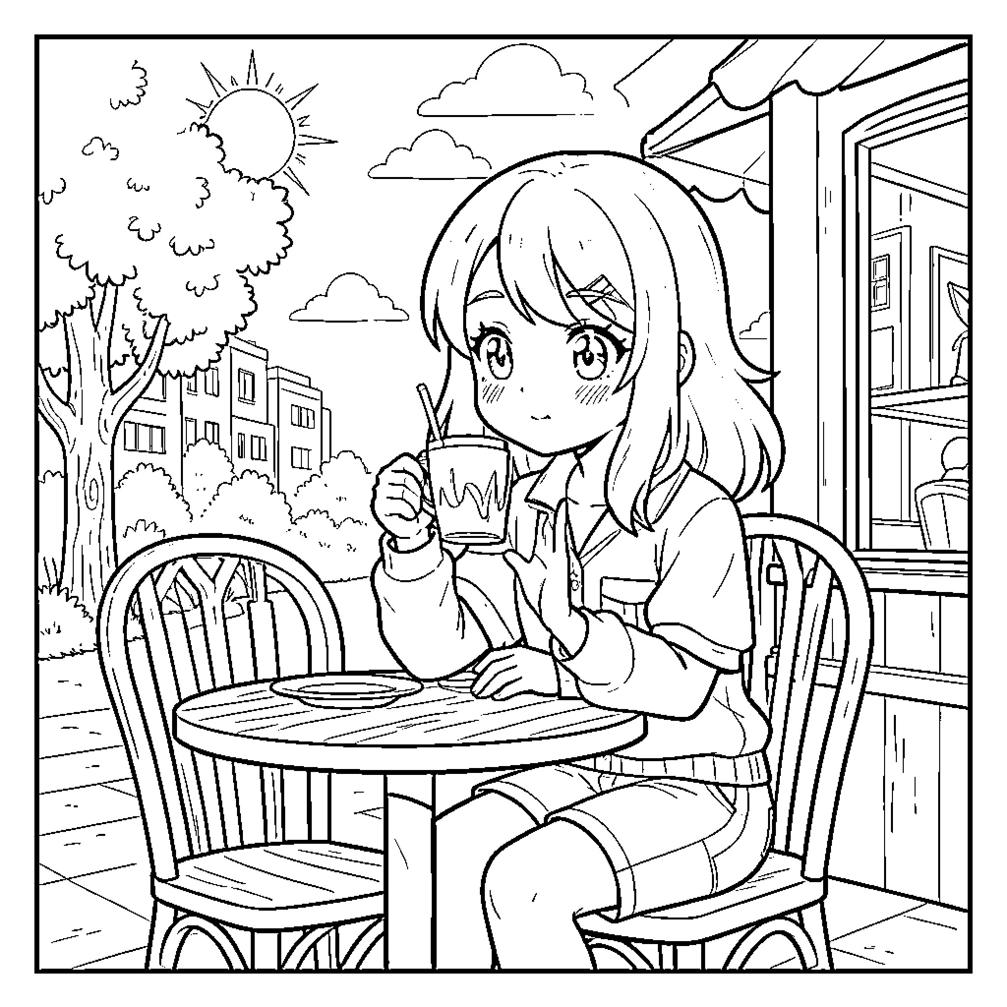 Anime Girl Enjoys Outdoor Cafe Scene Coloring Page (free black-and-white line drawing printable PDF for all, from beginners to advanced learners, including children, teens, adults, and seniors)