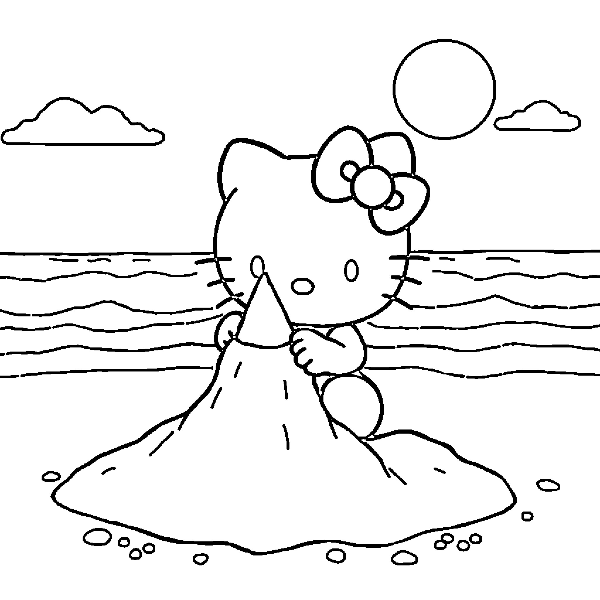 Hello Kitty enjoying a sunny day at the beach Coloring Page (free black-and-white line drawing printable PDF for all, from beginners to advanced learners, including children, teens, adults, and seniors)