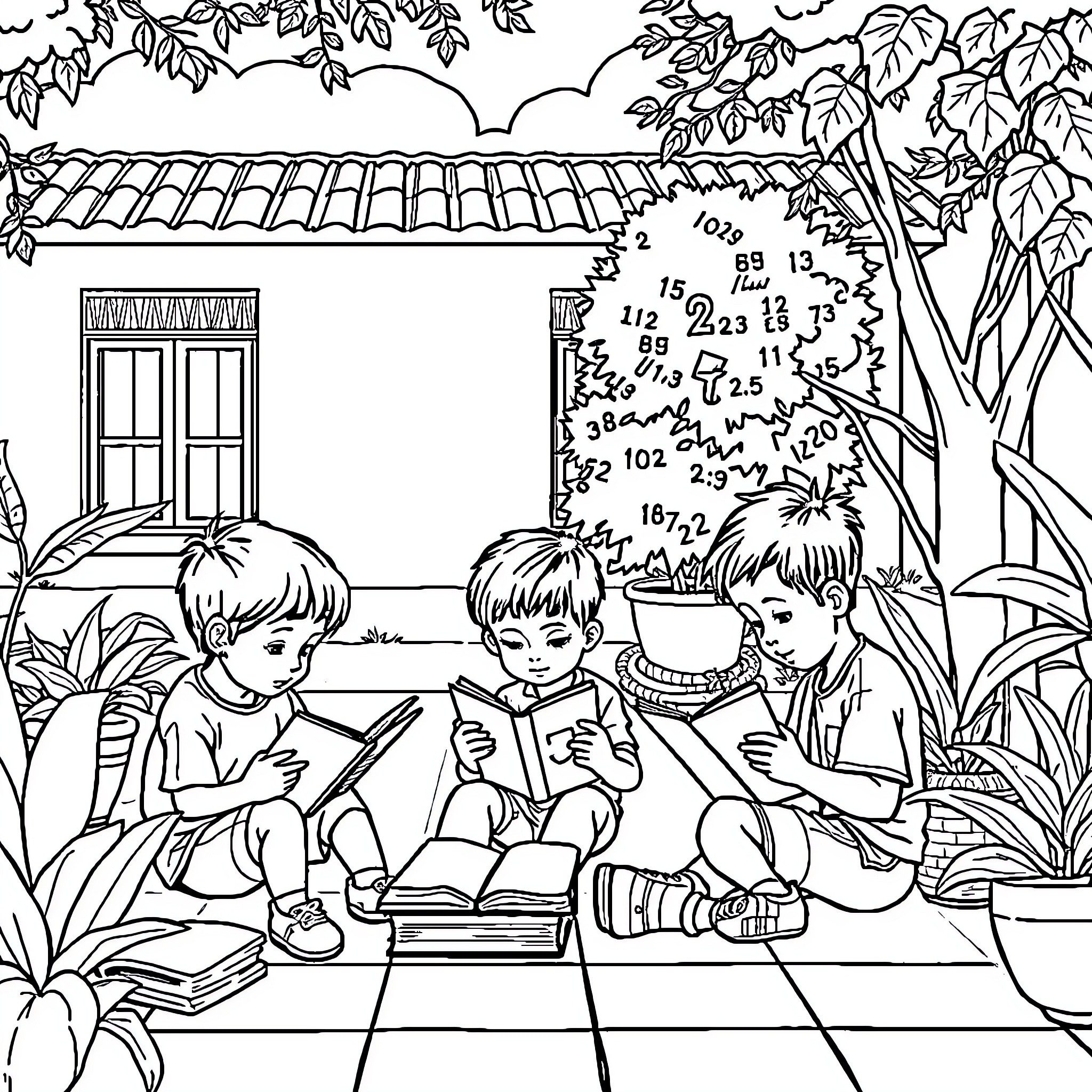 Child reading books with friends in the garden Coloring Page (free black-and-white line drawing printable PDF for all, from beginners to advanced learners, including children, teens, adults, and seniors)
