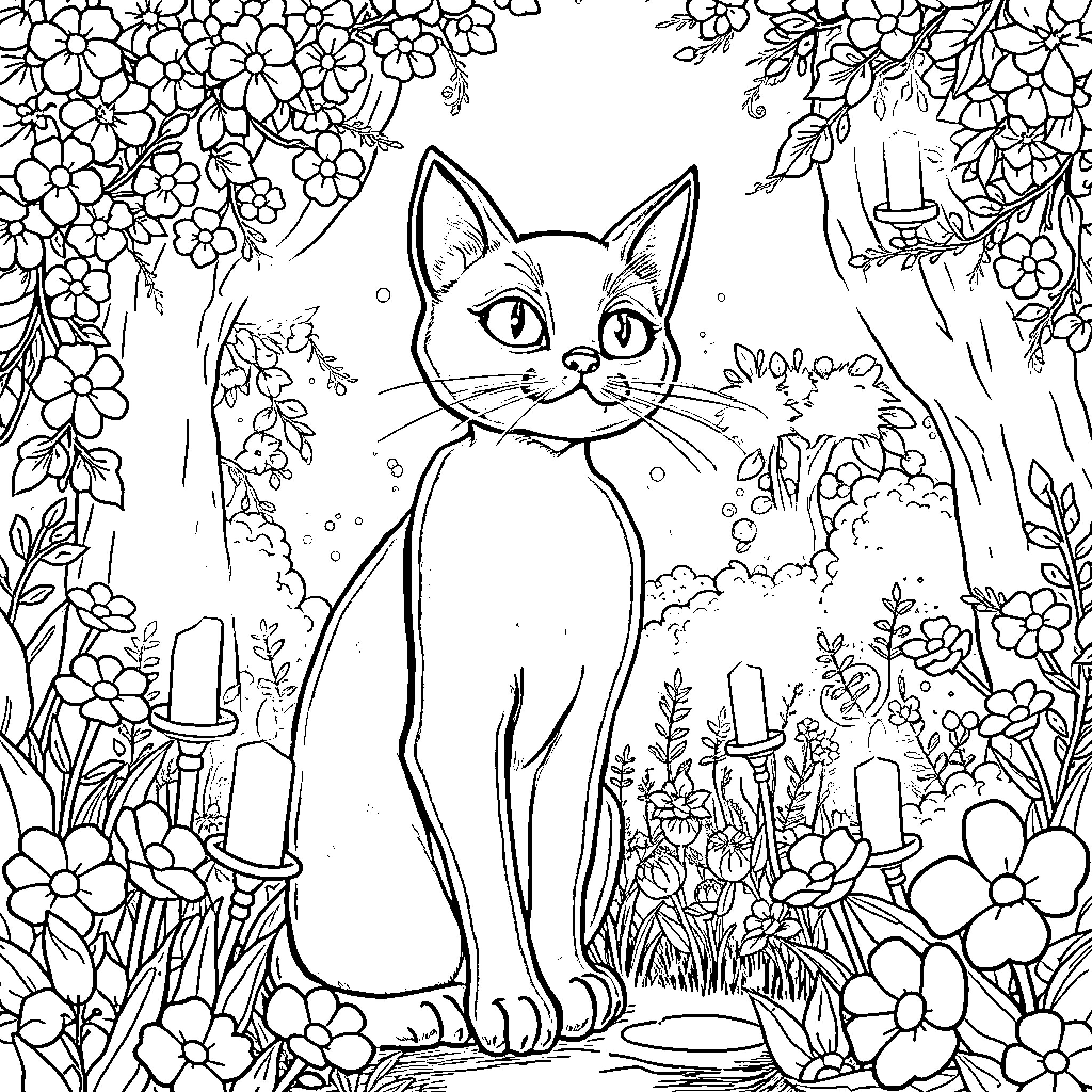 Cat Noir in a Magical Floral Wonderland Coloring Page (free black-and-white line drawing printable PDF for all, from beginners to advanced learners, including children, teens, adults, and seniors)