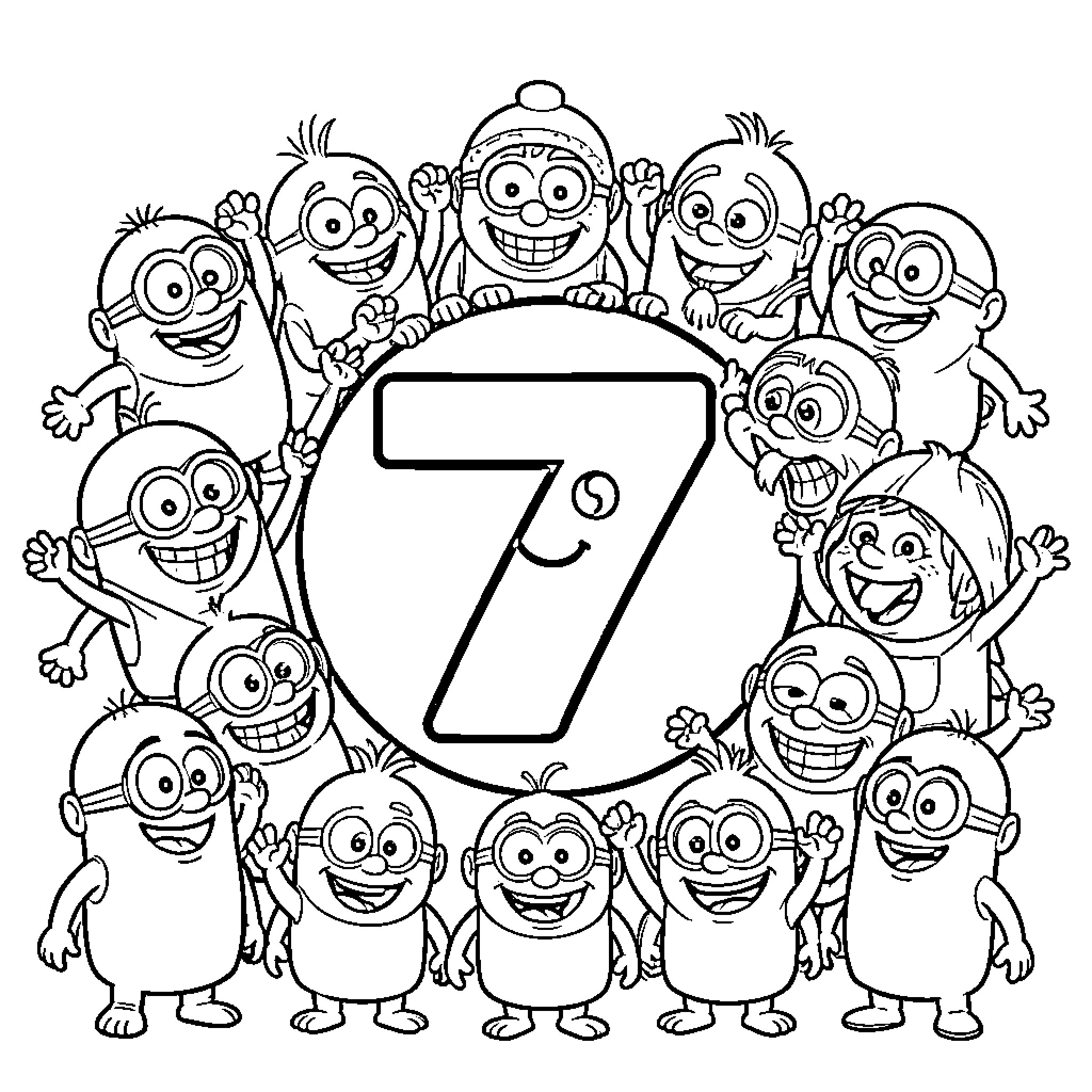 Minions celebrating number 7 with enthusiasm Coloring Page (free black-and-white line drawing printable PDF for all, from beginners to advanced learners, including children, teens, adults, and seniors)