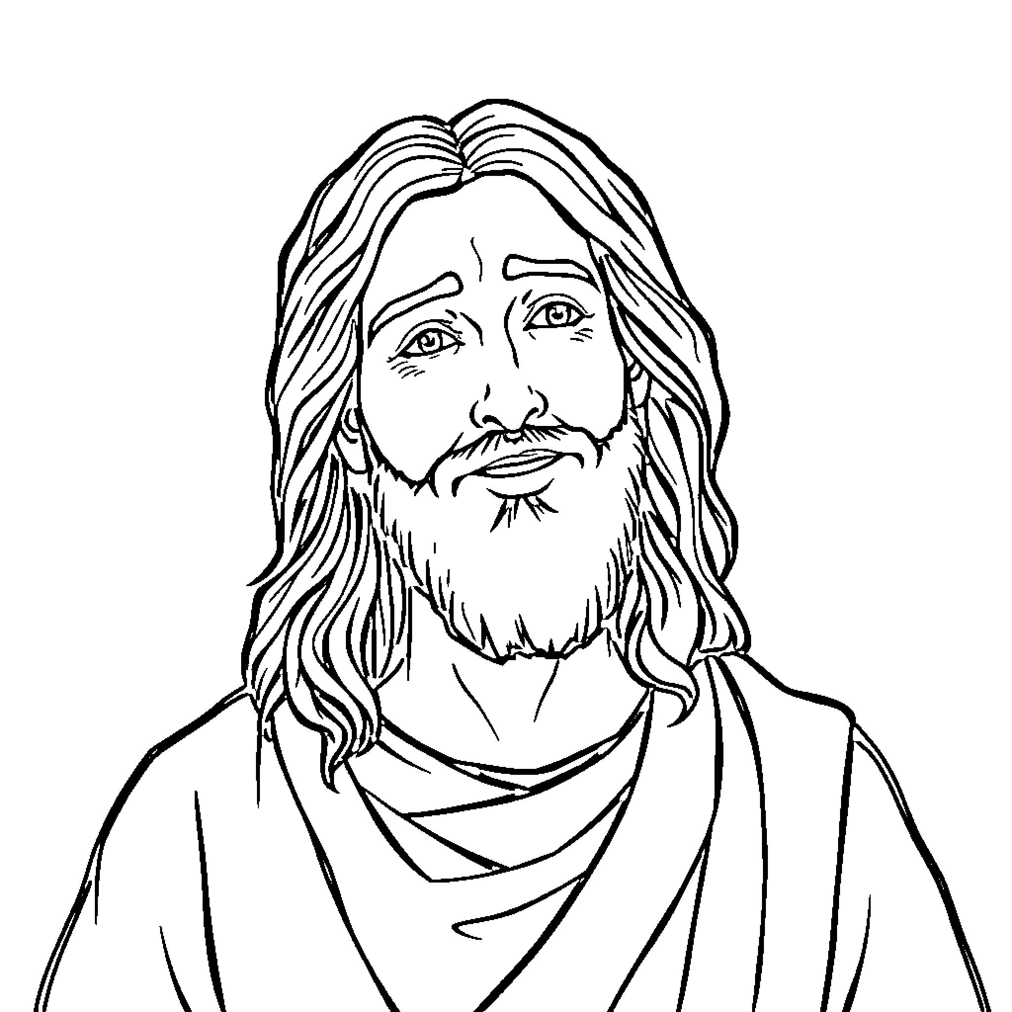 Jesus with long hair and beard in contemplative pose Coloring Page (free black-and-white line drawing printable PDF for all, from beginners to advanced learners, including children, teens, adults, and seniors)
