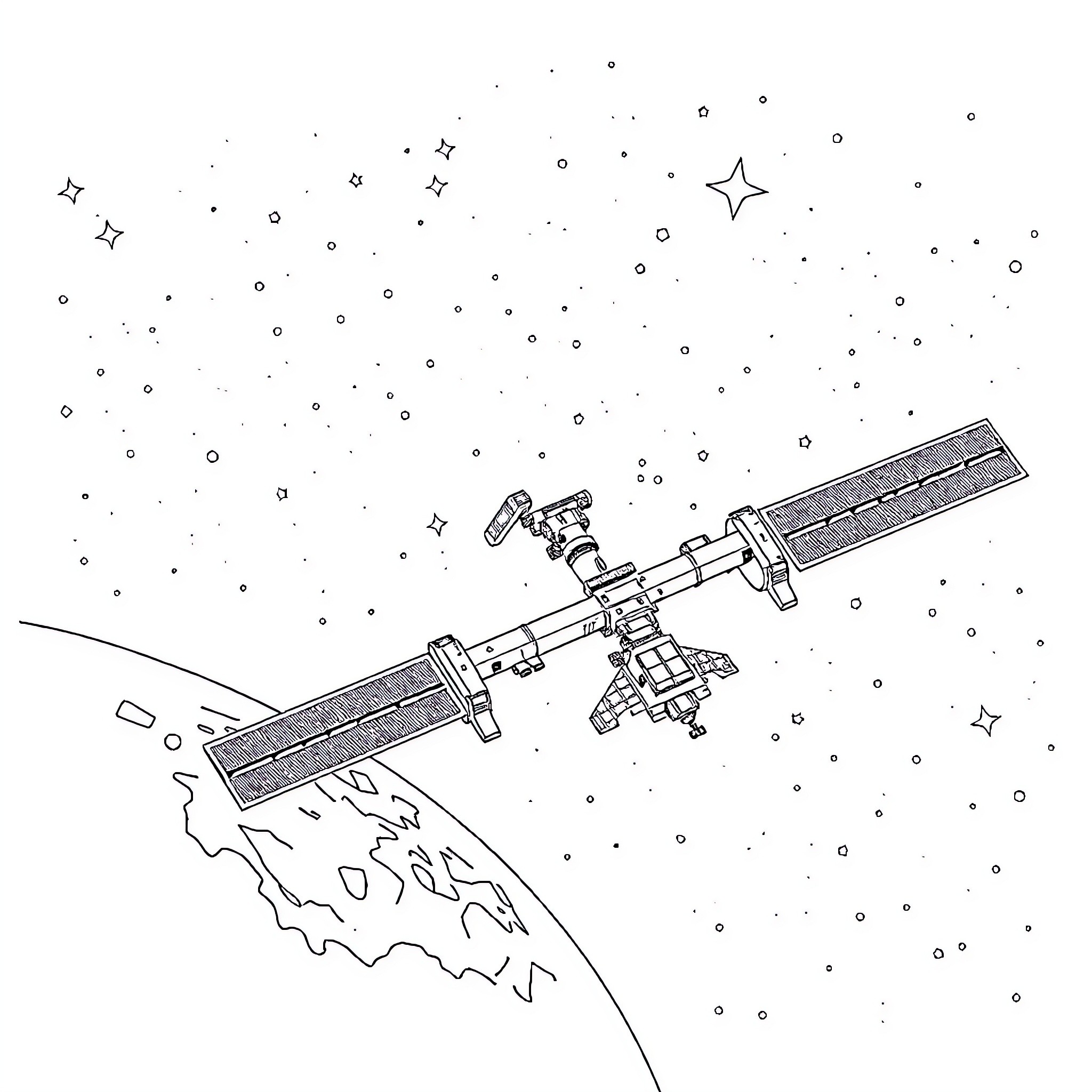 Space Station Floating in Starry Night Sky Coloring Page (free black-and-white line drawing printable PDF for all, from beginners to advanced learners, including children, teens, adults, and seniors)