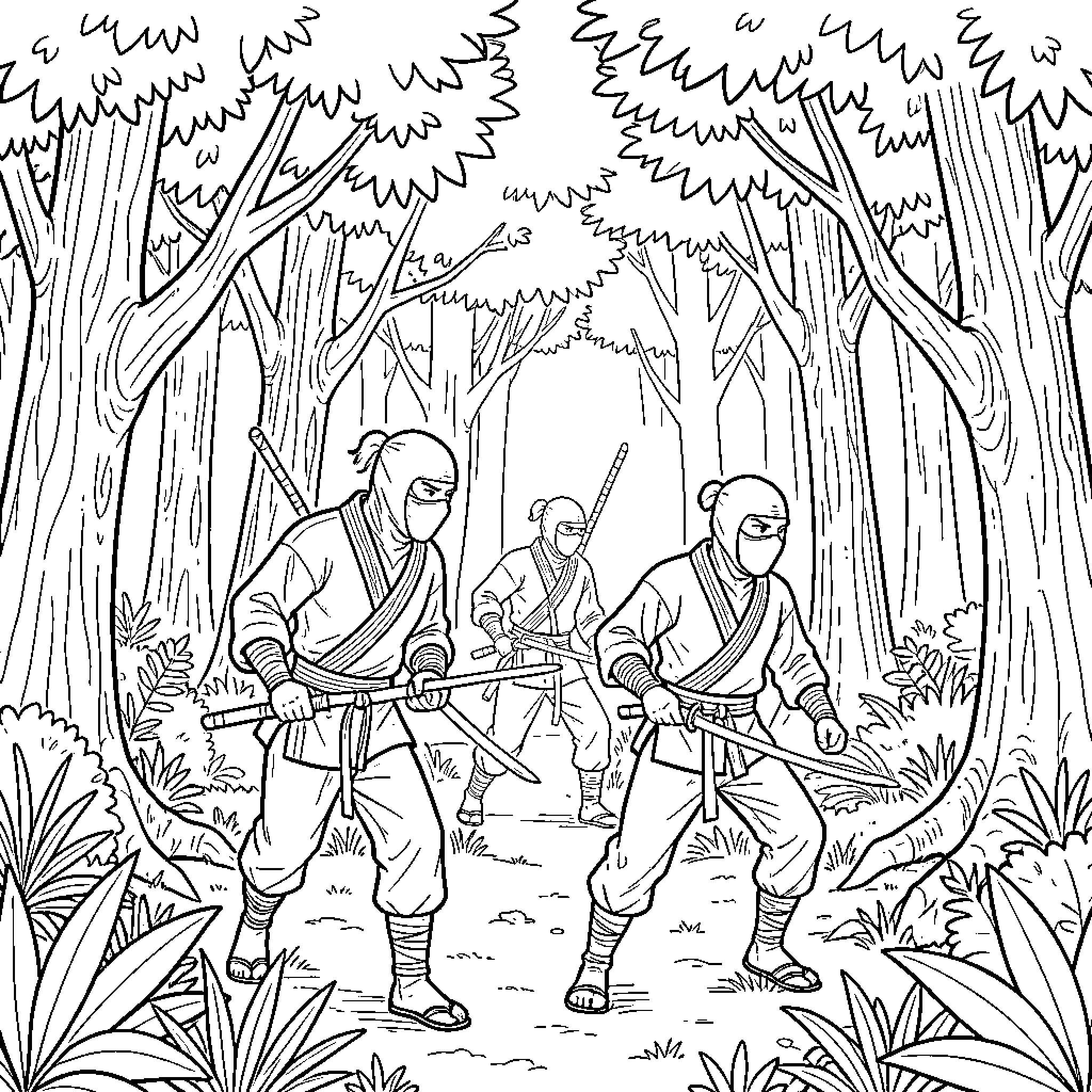 Ninja warriors patrolling through a dense forest Coloring Page (free black-and-white line drawing printable PDF for all, from beginners to advanced learners, including children, teens, adults, and seniors)