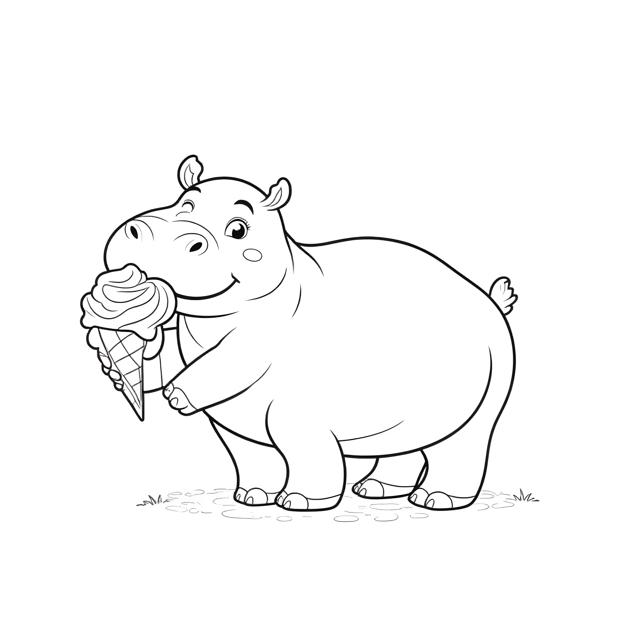 Hippo enjoying an ice cream cone Coloring Page (free black-and-white line drawing printable PDF for all, from beginners to advanced learners, including children, teens, adults, and seniors)