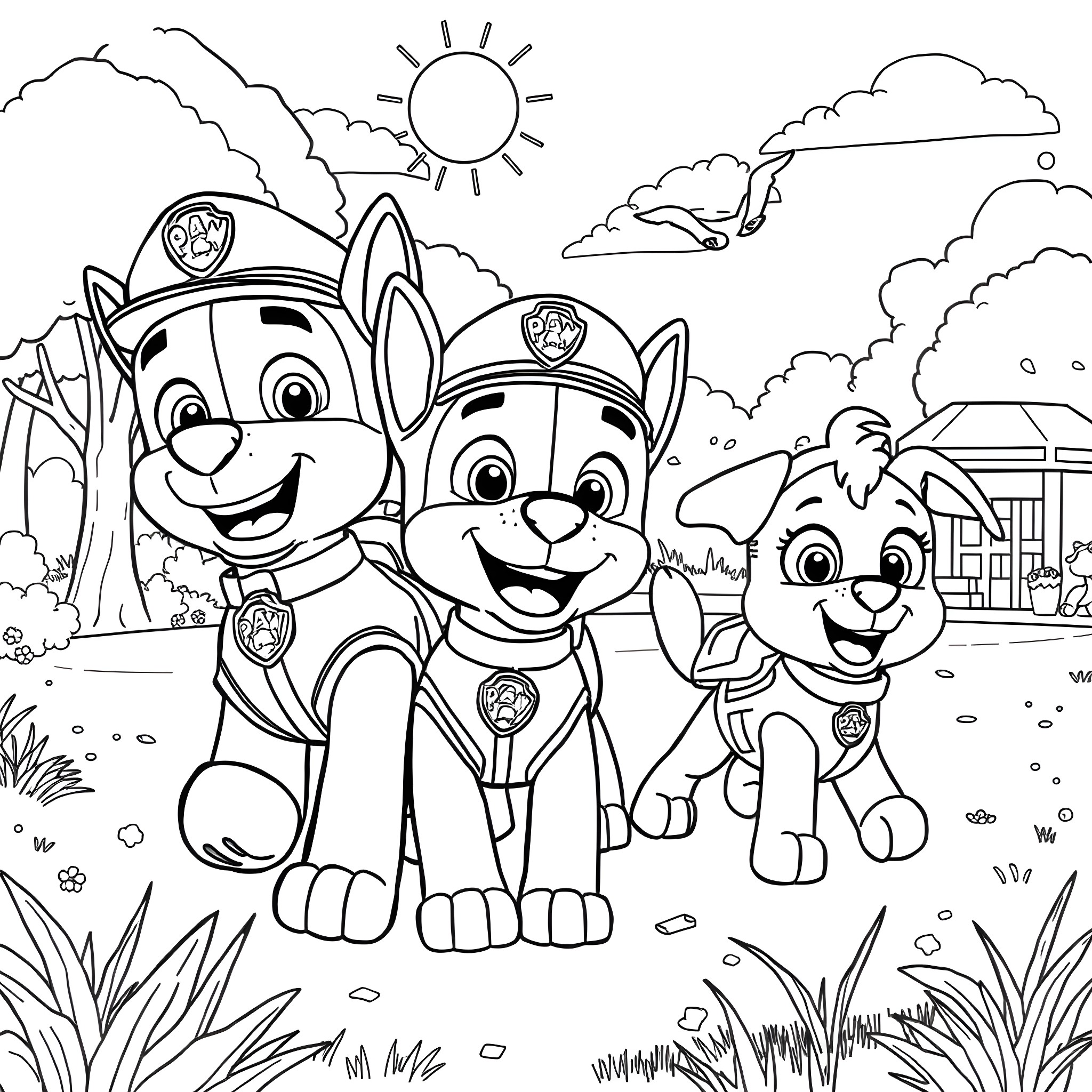 Paw Patrol pups exploring the outdoors happily Coloring Page (free black-and-white line drawing printable PDF for all, from beginners to advanced learners, including children, teens, adults, and seniors)
