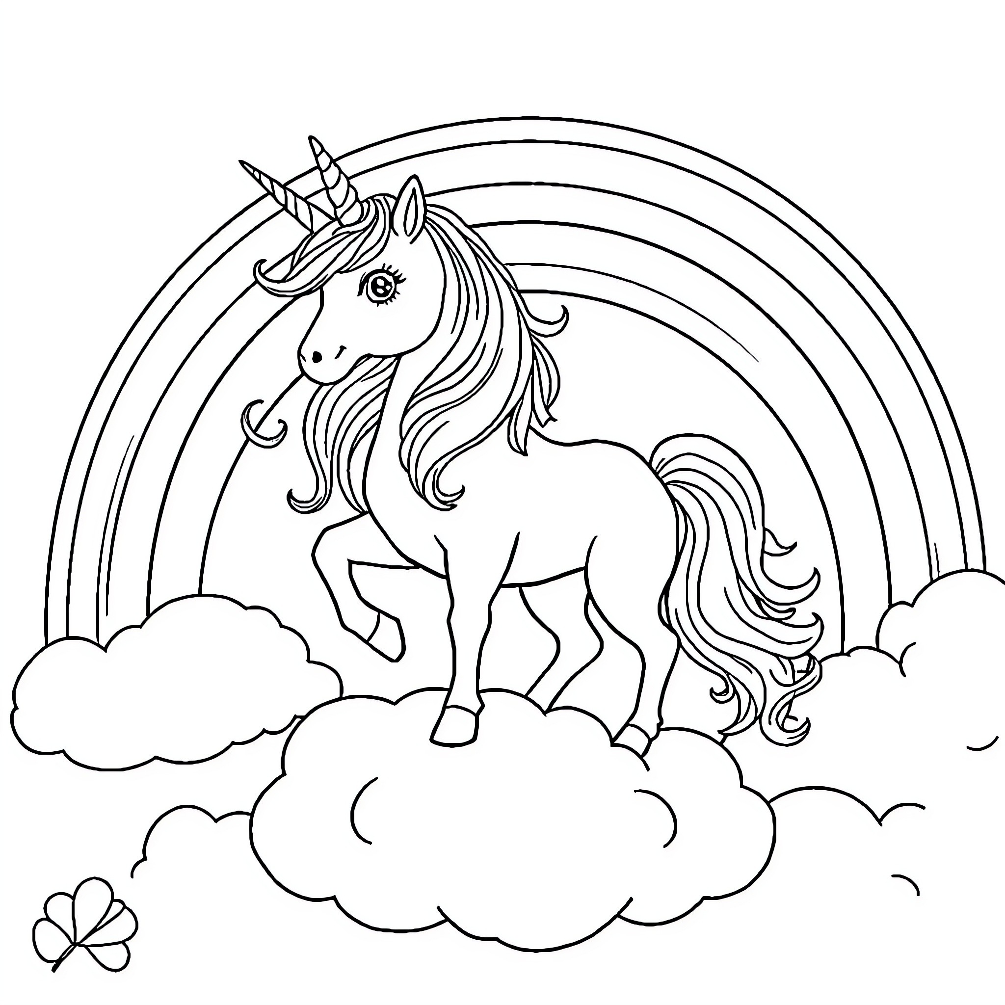 Unicorn standing majestically on a cloud Coloring Page (free black-and-white line drawing printable PDF for all, from beginners to advanced learners, including children, teens, adults, and seniors)