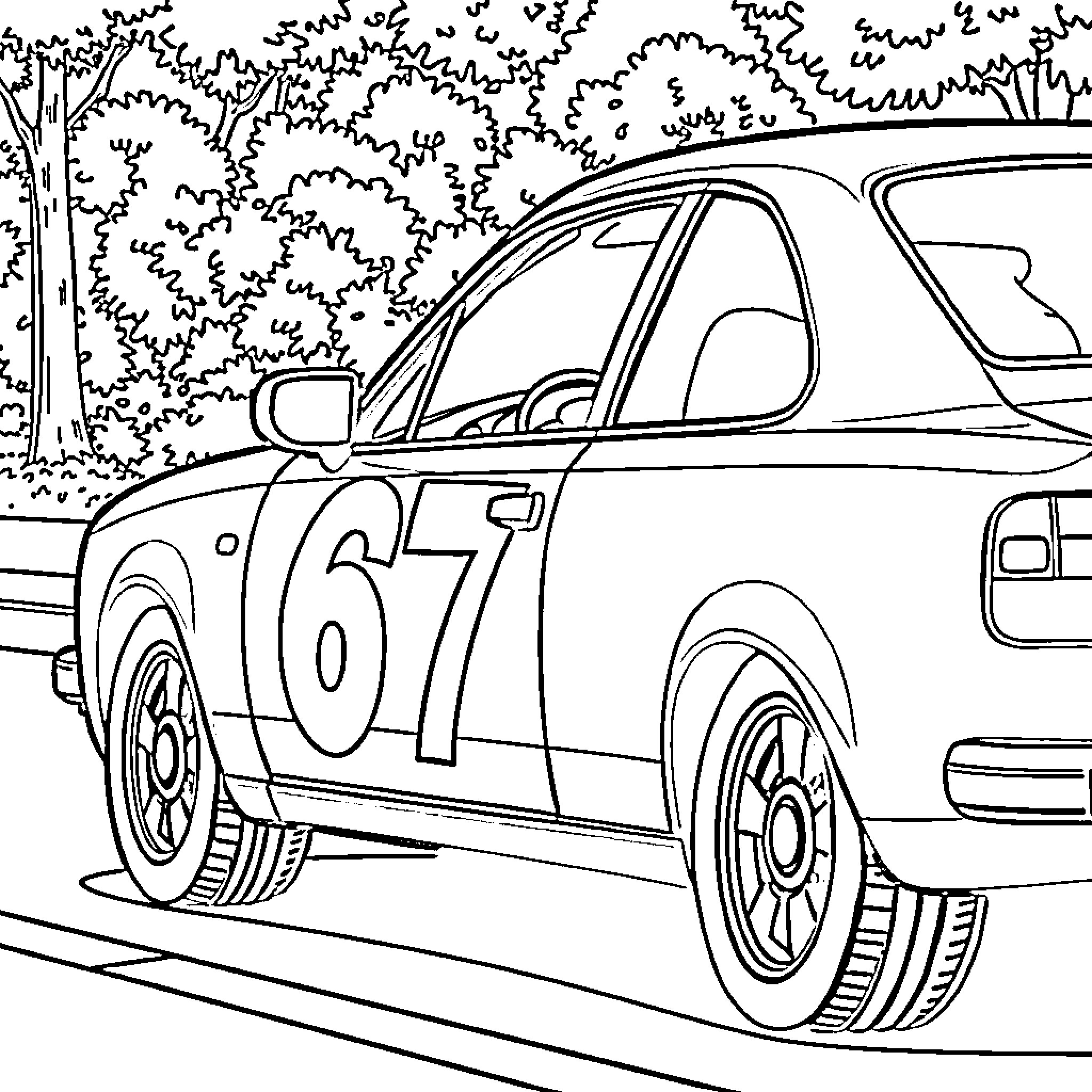 Car racing through a forest scene Coloring Page (free black-and-white line drawing printable PDF for all, from beginners to advanced learners, including children, teens, adults, and seniors)