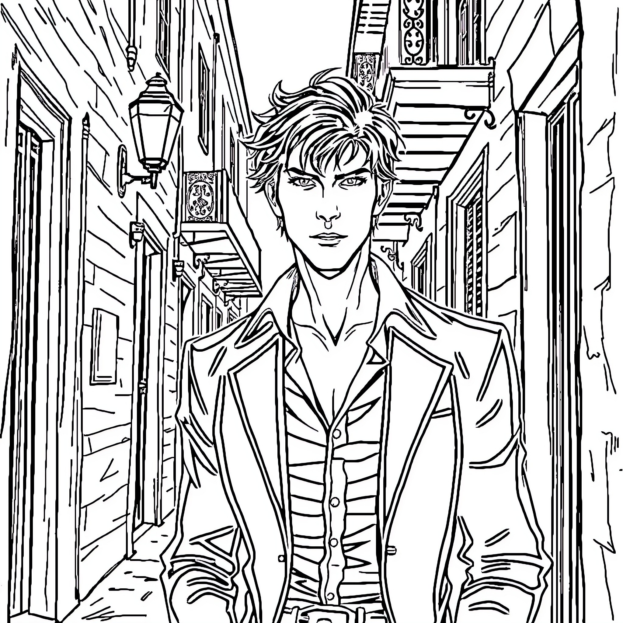Klaus Mikaelson strolling through a city alleyway Coloring Page (free black-and-white line drawing printable PDF for all, from beginners to advanced learners, including children, teens, adults, and seniors)