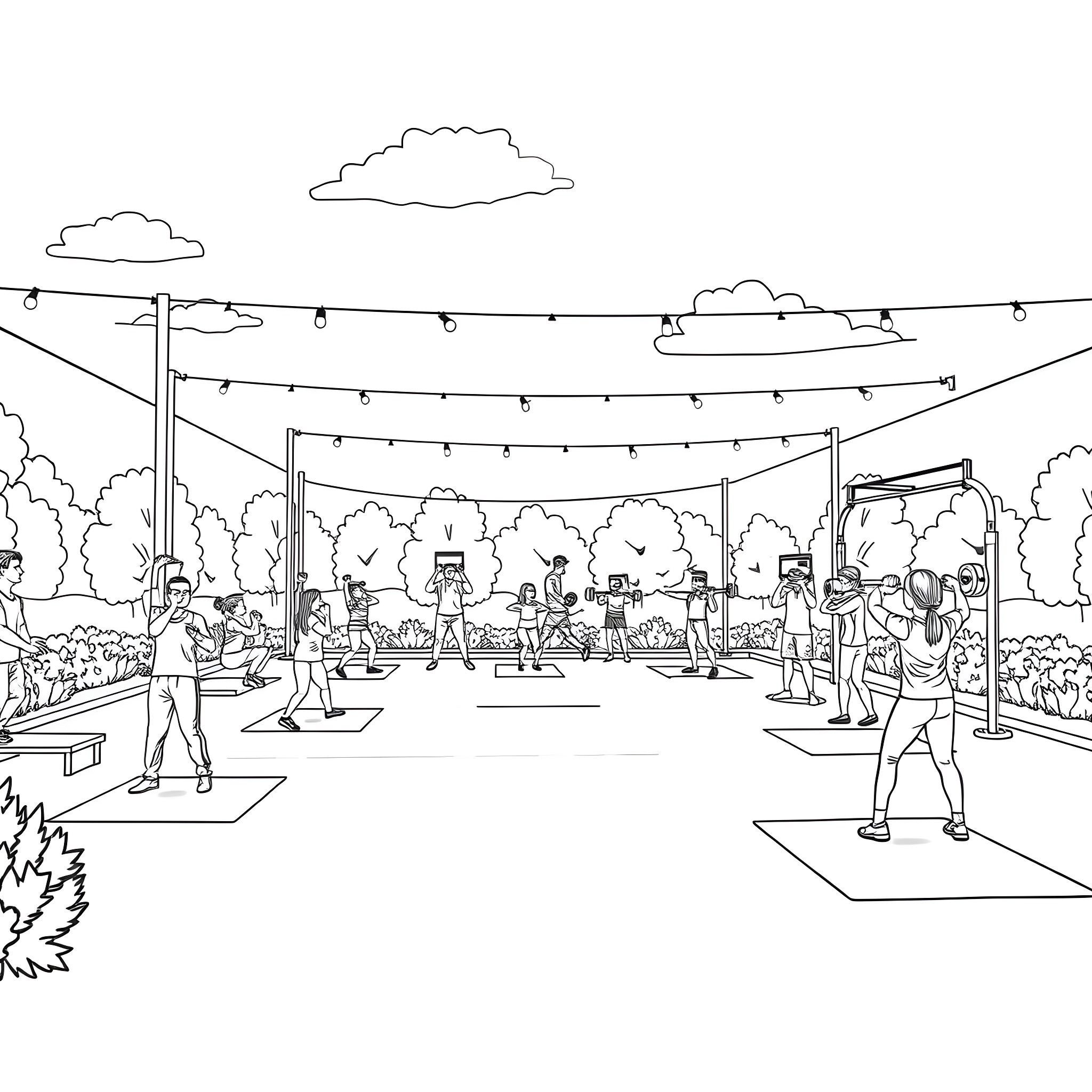 Fitness activities in an outdoor park setting Coloring Page (free black-and-white line drawing printable PDF for all, from beginners to advanced learners, including children, teens, adults, and seniors)
