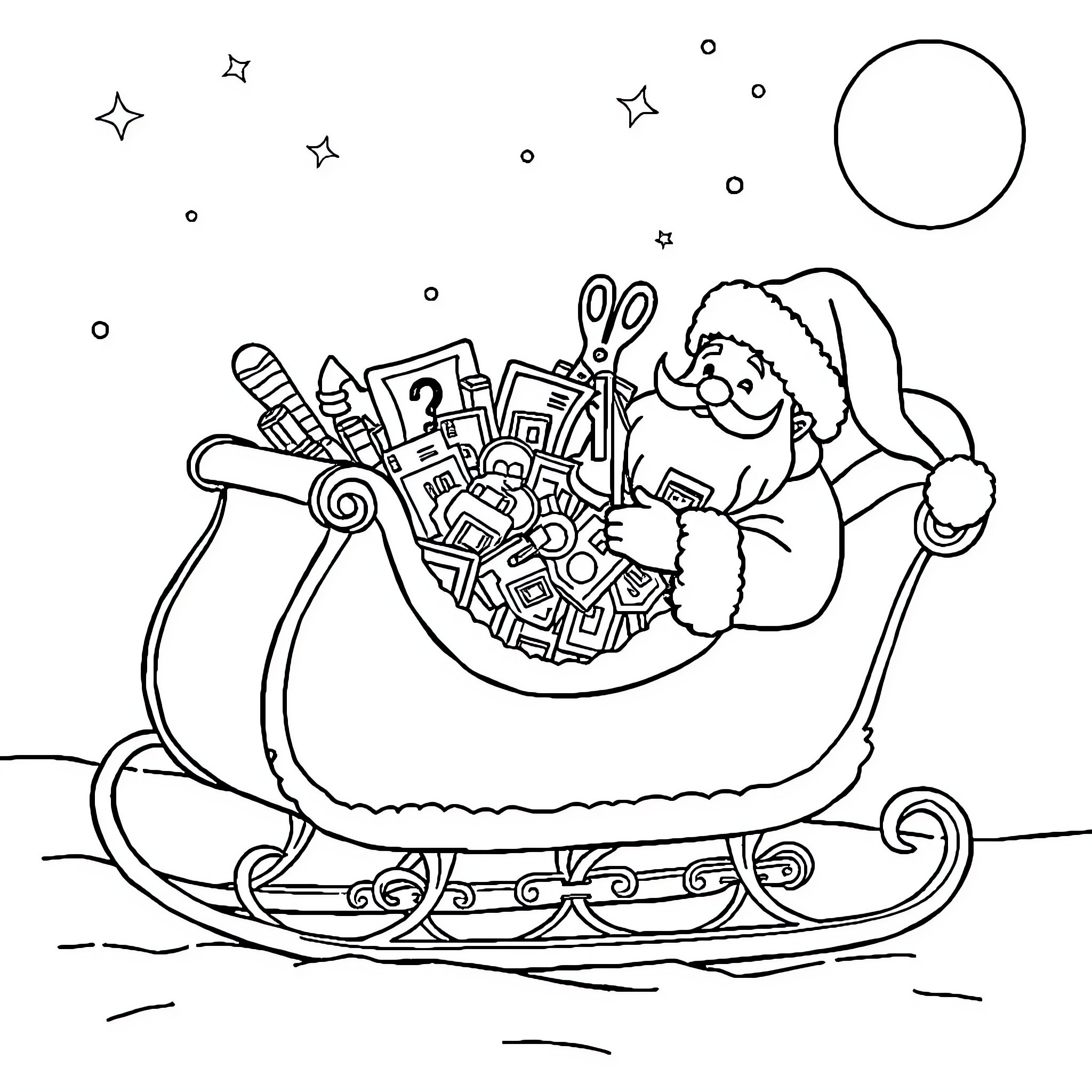 Sleigh filled with festive gifts and supplies Coloring Page (free black-and-white line drawing printable PDF for all, from beginners to advanced learners, including children, teens, adults, and seniors)