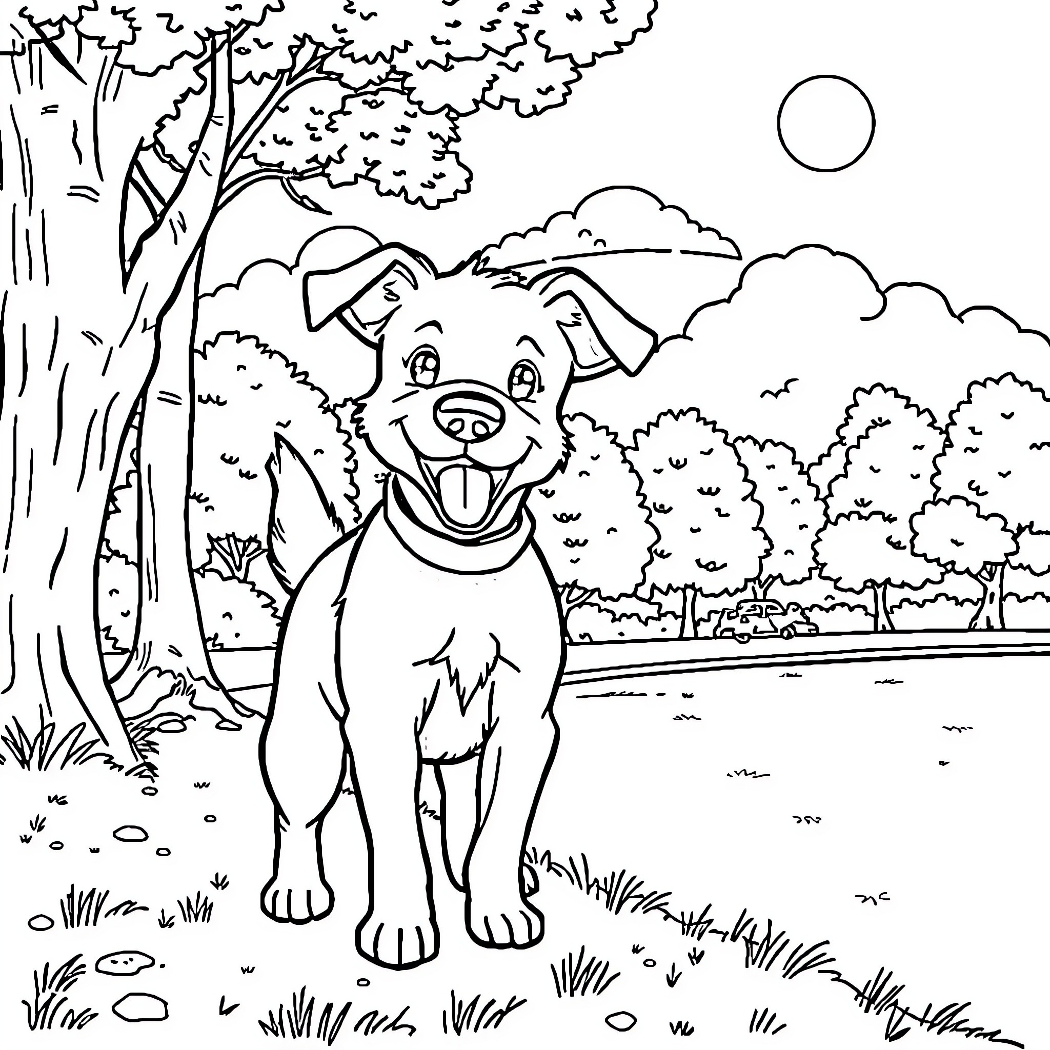 Dog happily exploring the outdoors Coloring Page (free black-and-white line drawing printable PDF for all, from beginners to advanced learners, including children, teens, adults, and seniors)