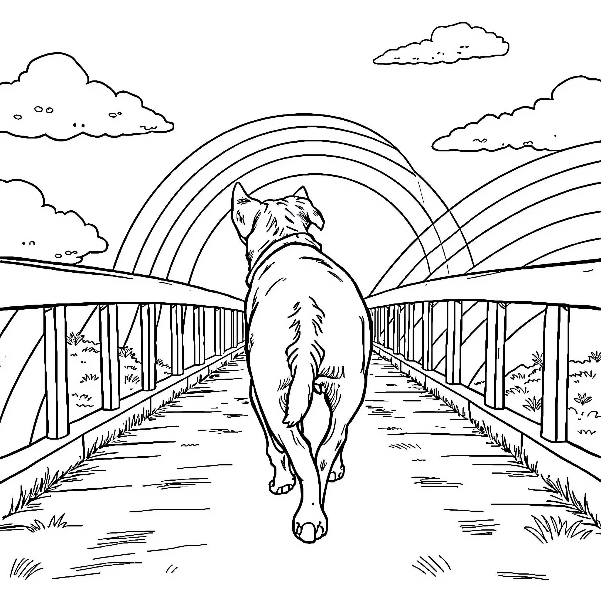 Dog exploring a rainbow-filled landscape Coloring Page (free black-and-white line drawing printable PDF for all, from beginners to advanced learners, including children, teens, adults, and seniors)