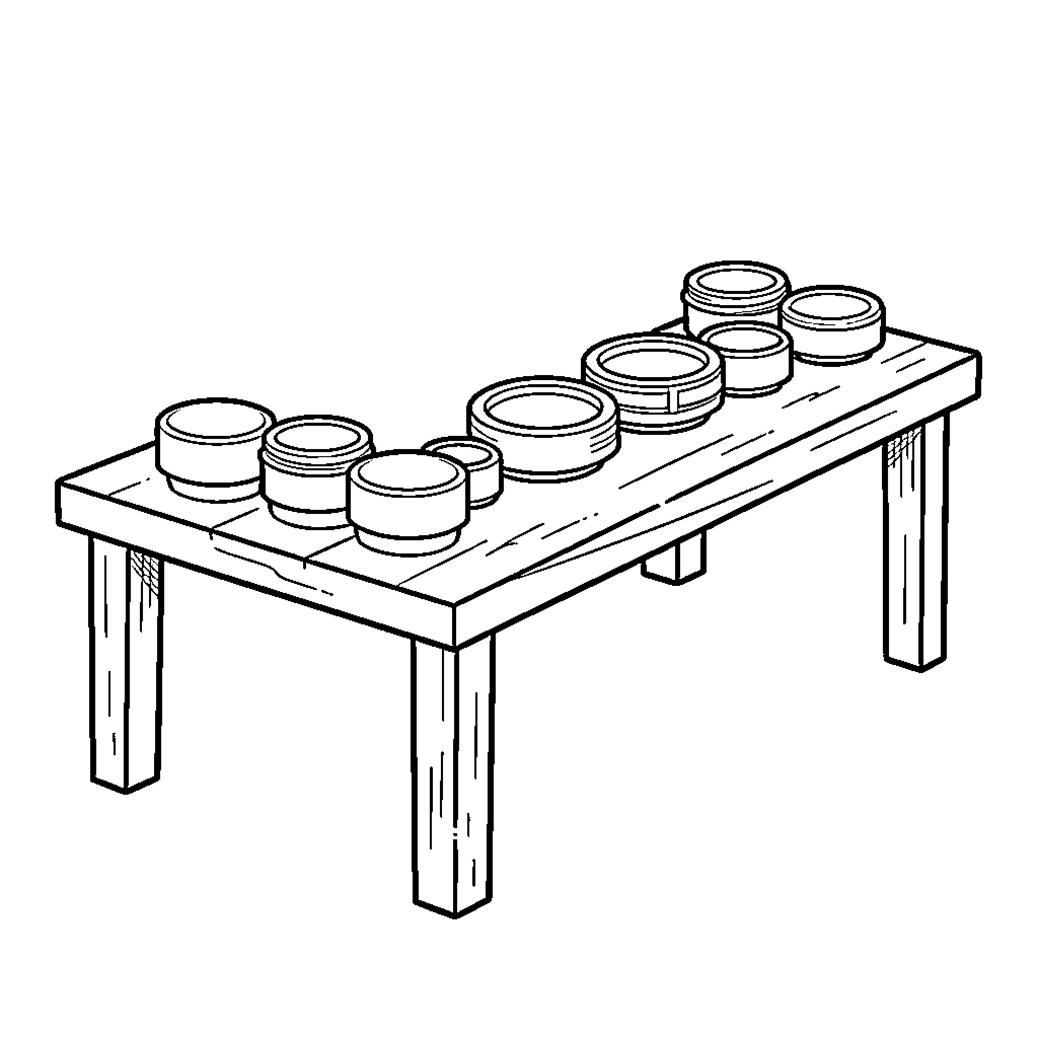 Mesa displaying several small round containers in a row Coloring Page (free black-and-white line drawing printable PDF for all, from beginners to advanced learners, including children, teens, adults, and seniors)