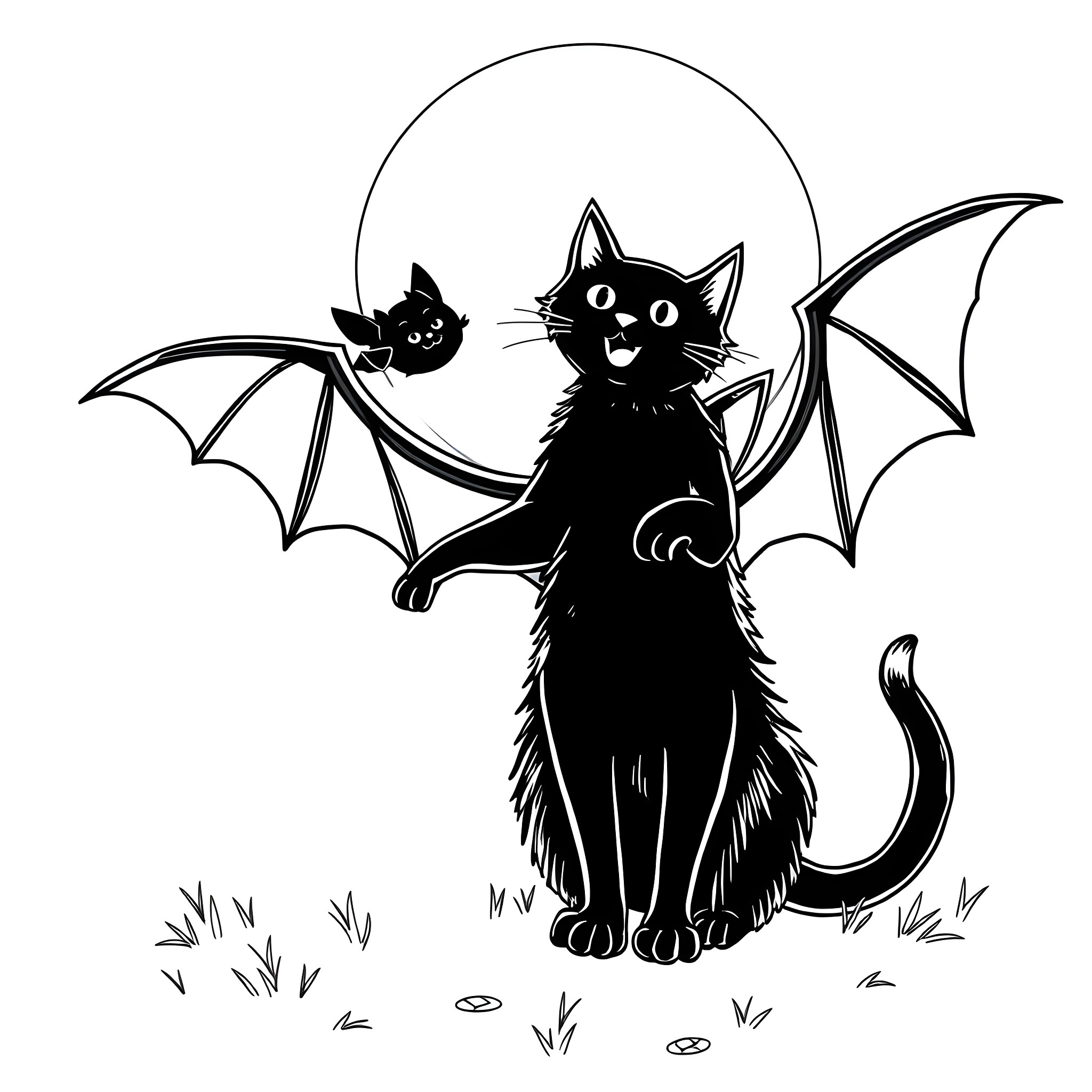 Cat Spreading Wings with Bats in Moonlight Coloring Page (free black-and-white line drawing printable PDF for all, from beginners to advanced learners, including children, teens, adults, and seniors)