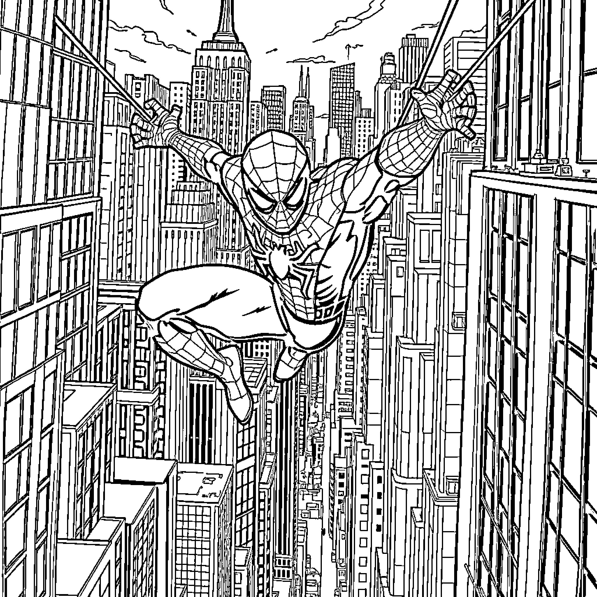 Spiderman swinging through the city skyline Coloring Page (free black-and-white line drawing printable PDF for all, from beginners to advanced learners, including children, teens, adults, and seniors)