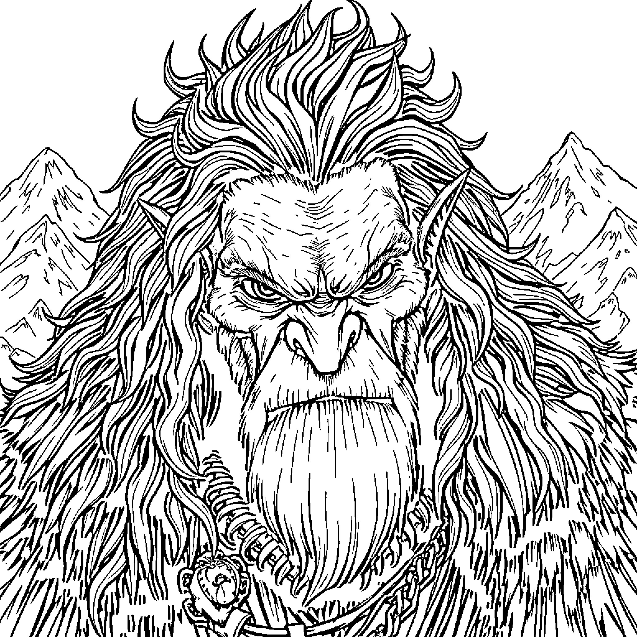 Gryla the Fearsome Mountain Troll Coloring Page (free black-and-white line drawing printable PDF for all, from beginners to advanced learners, including children, teens, adults, and seniors)