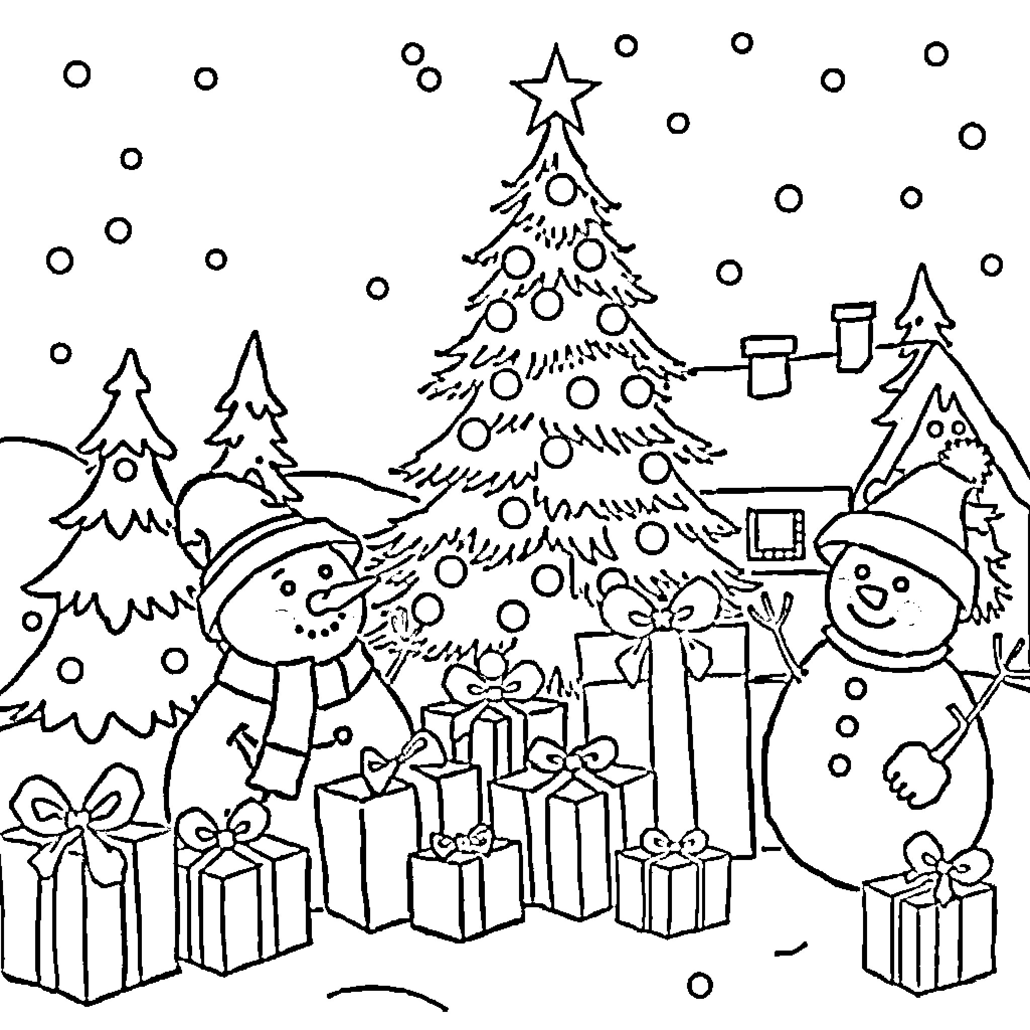 Christmas scene with snowmen, presents, and decorated tree Coloring Page (free black-and-white line drawing printable PDF for all, from beginners to advanced learners, including children, teens, adults, and seniors)