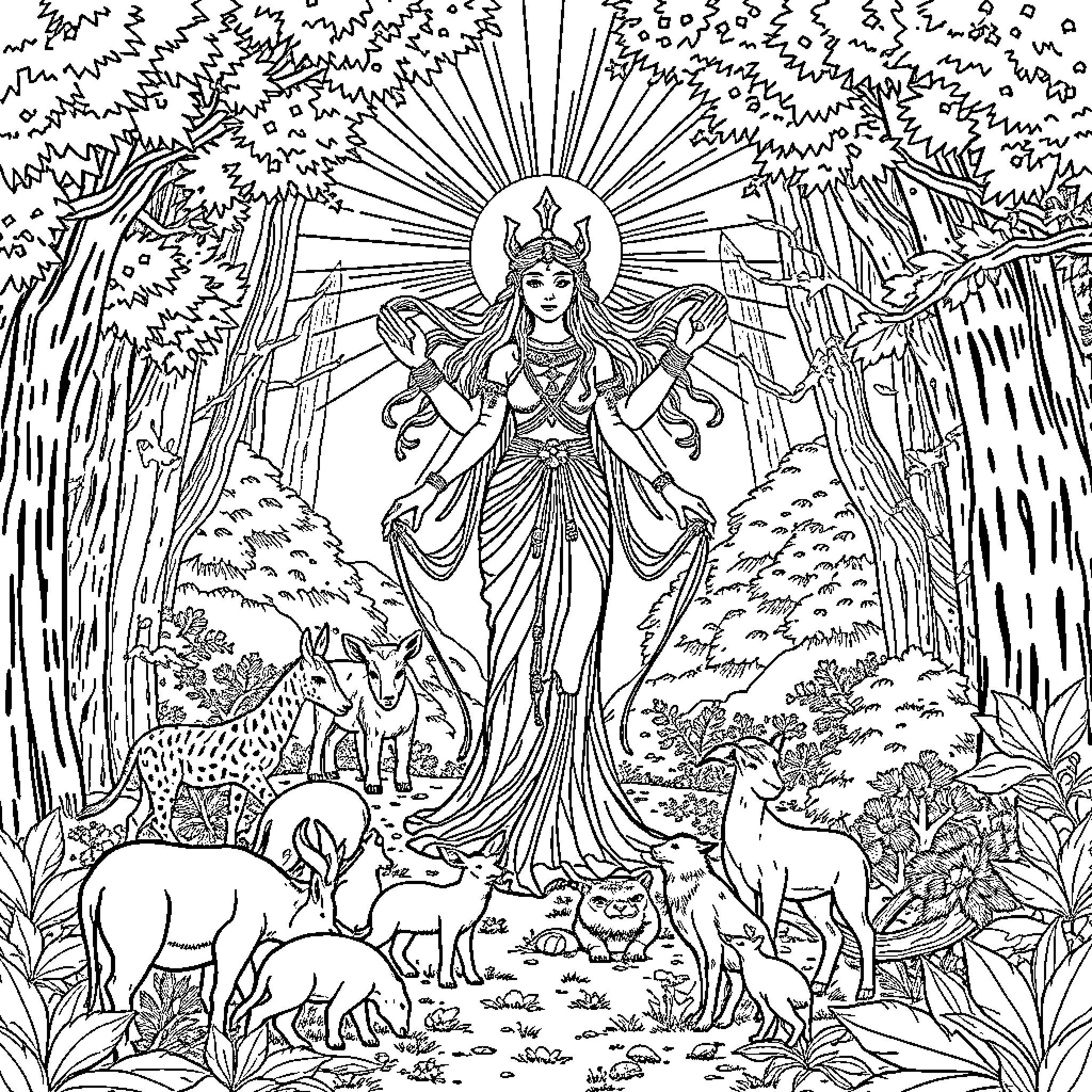 Goddess of Harmony in Mystical Forest Surrounded by Animals Coloring Page (free black-and-white line drawing printable PDF for all, from beginners to advanced learners, including children, teens, adults, and seniors)