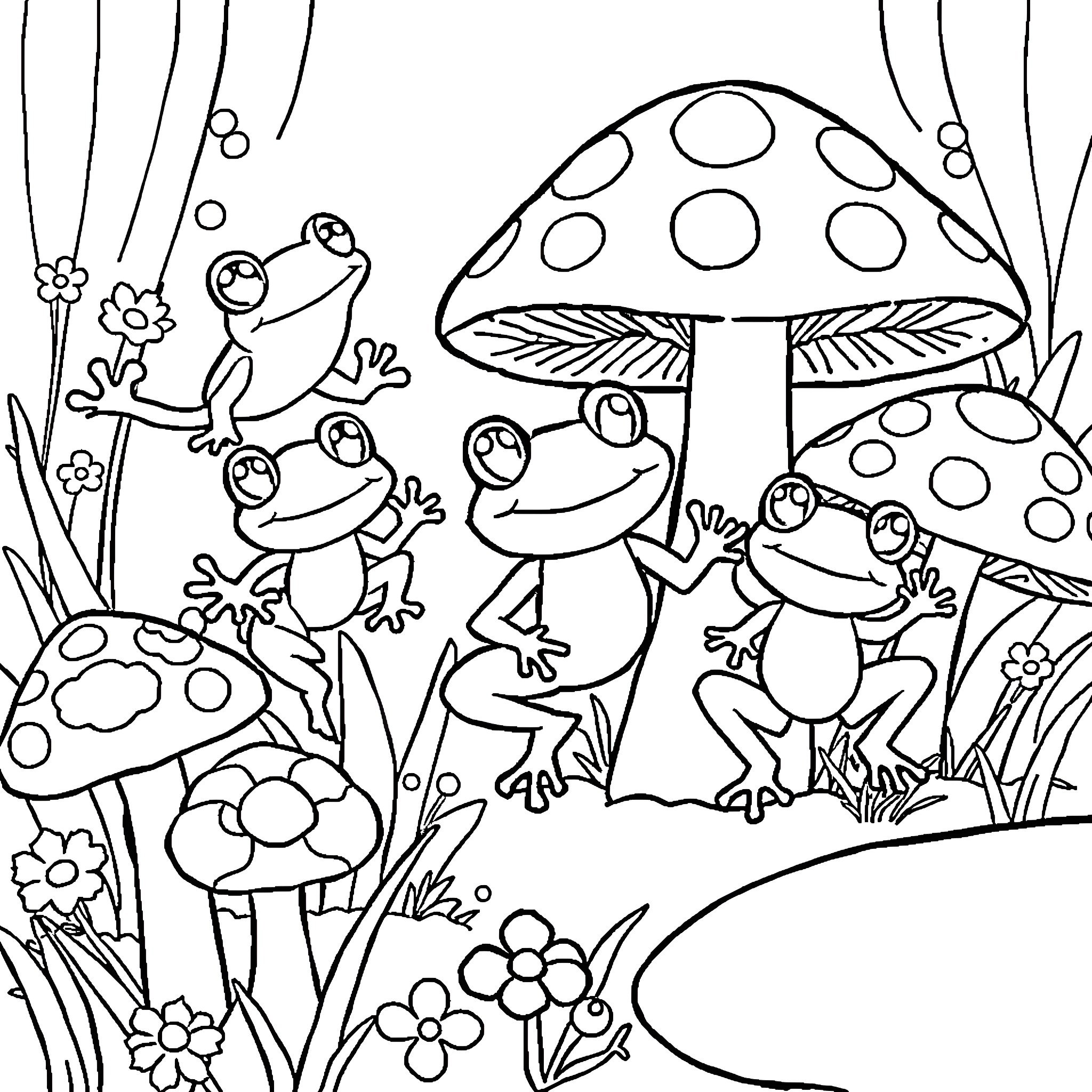 Frog friends exploring the enchanted mushroom forest Coloring Page (free black-and-white line drawing printable PDF for all, from beginners to advanced learners, including children, teens, adults, and seniors)