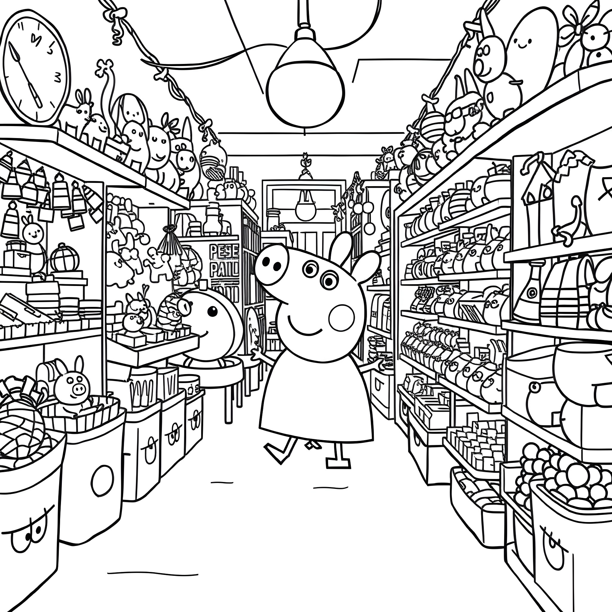 Peppa Pig exploring a vibrant toy store Coloring Page (free black-and-white line drawing printable PDF for all, from beginners to advanced learners, including children, teens, adults, and seniors)
