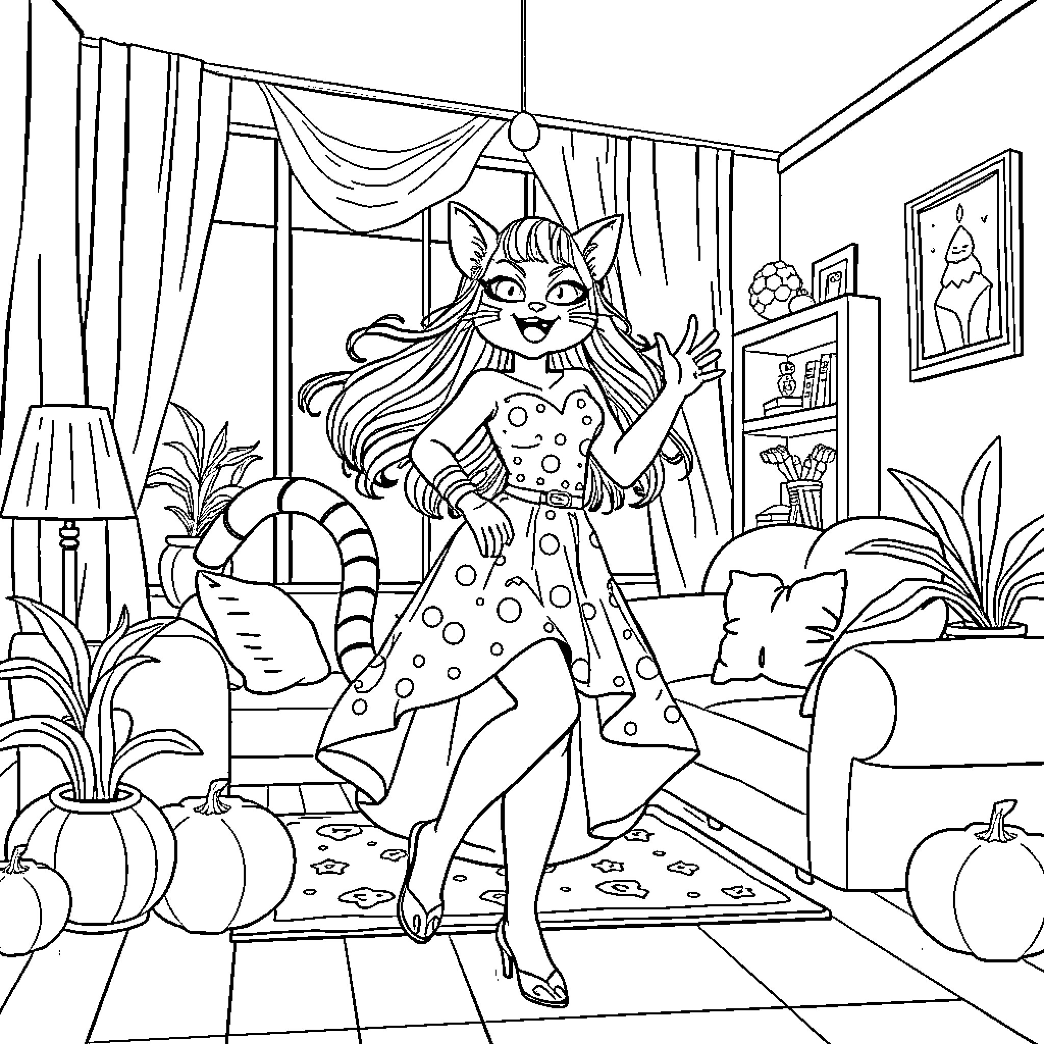 Gato in a Whimsical Interior Scene Coloring Page (free black-and-white line drawing printable PDF for all, from beginners to advanced learners, including children, teens, adults, and seniors)