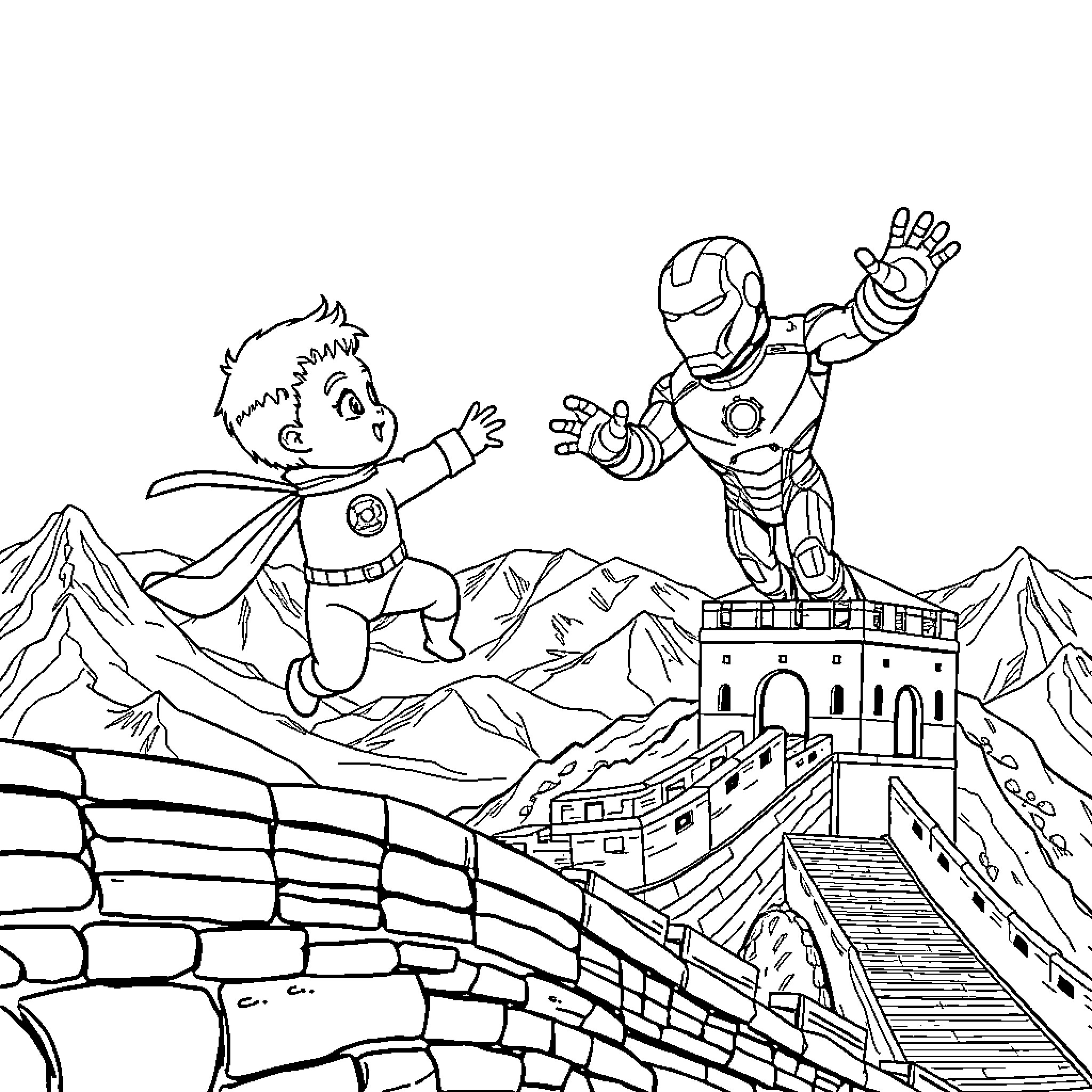 Green Lantern helps young boy explore the Great Wall of China Coloring Page (free black-and-white line drawing printable PDF for all, from beginners to advanced learners, including children, teens, adults, and seniors)