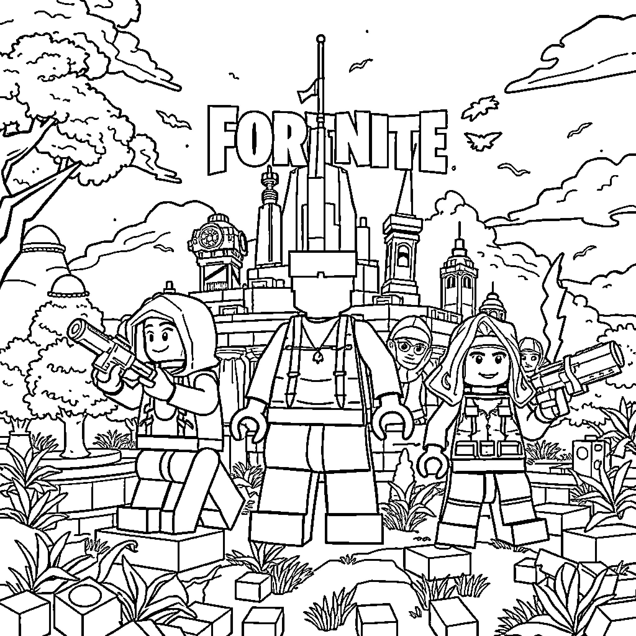 Lego Fortnite characters in an epic battle scene Coloring Page (free black-and-white line drawing printable PDF for all, from beginners to advanced learners, including children, teens, adults, and seniors)