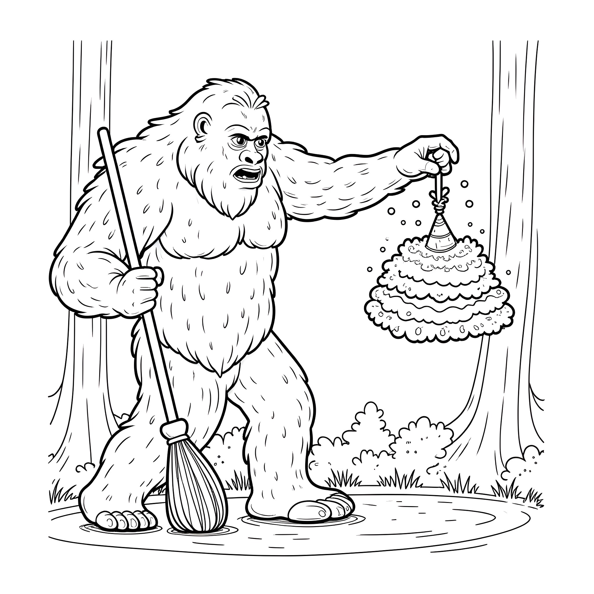 Bigfoot sweeping and cleaning the forest Coloring Page (free black-and-white line drawing printable PDF for all, from beginners to advanced learners, including children, teens, adults, and seniors)