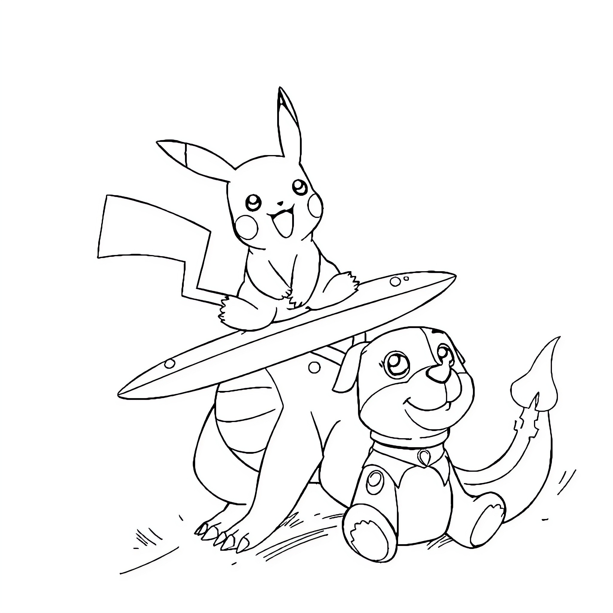 Pikachu and friends playing happily Coloring Page (free black-and-white line drawing printable PDF for all, from beginners to advanced learners, including children, teens, adults, and seniors)