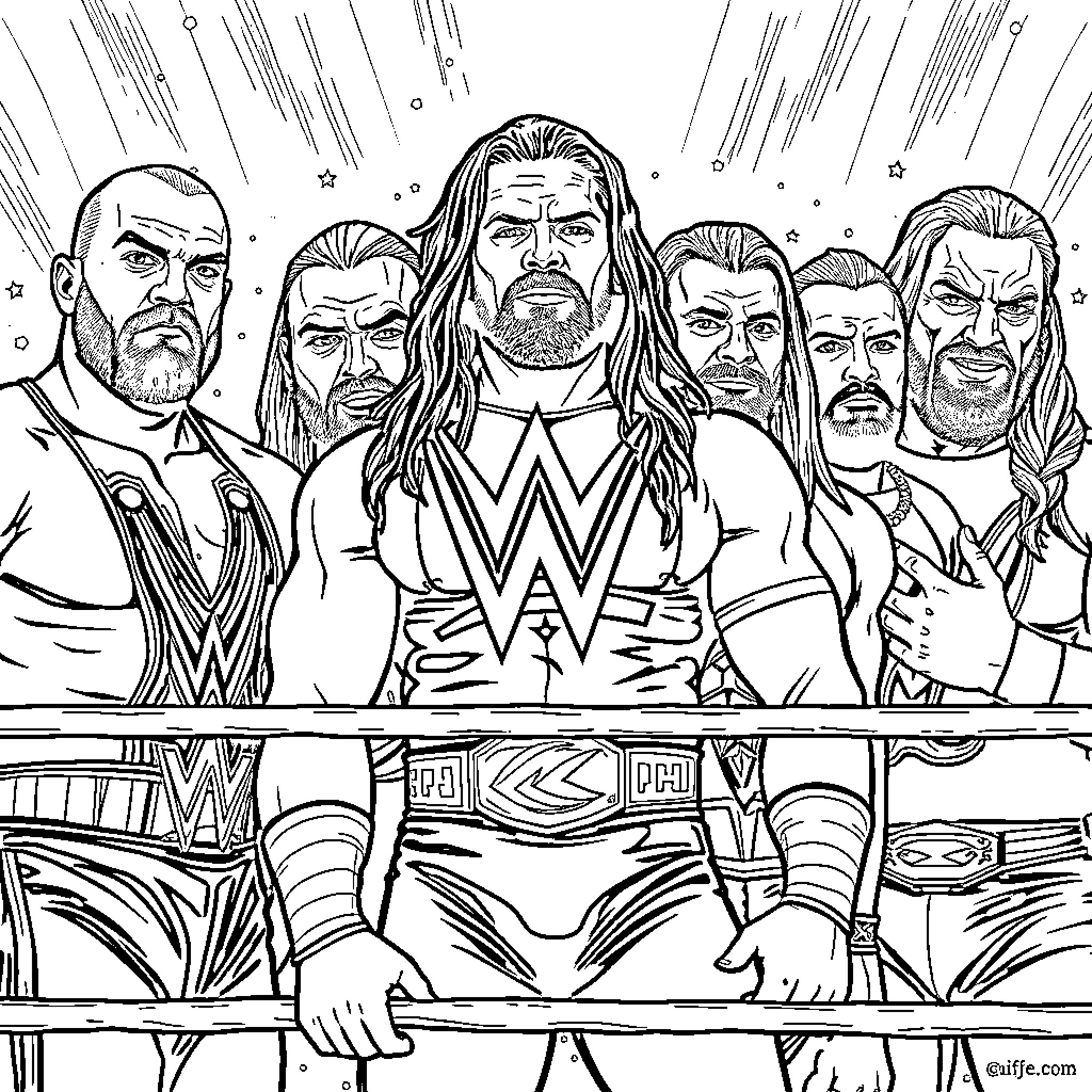 WWE Wrestlers in the Ring with Intense Expressions Coloring Page (free black-and-white line drawing printable PDF for all, from beginners to advanced learners, including children, teens, adults, and seniors)