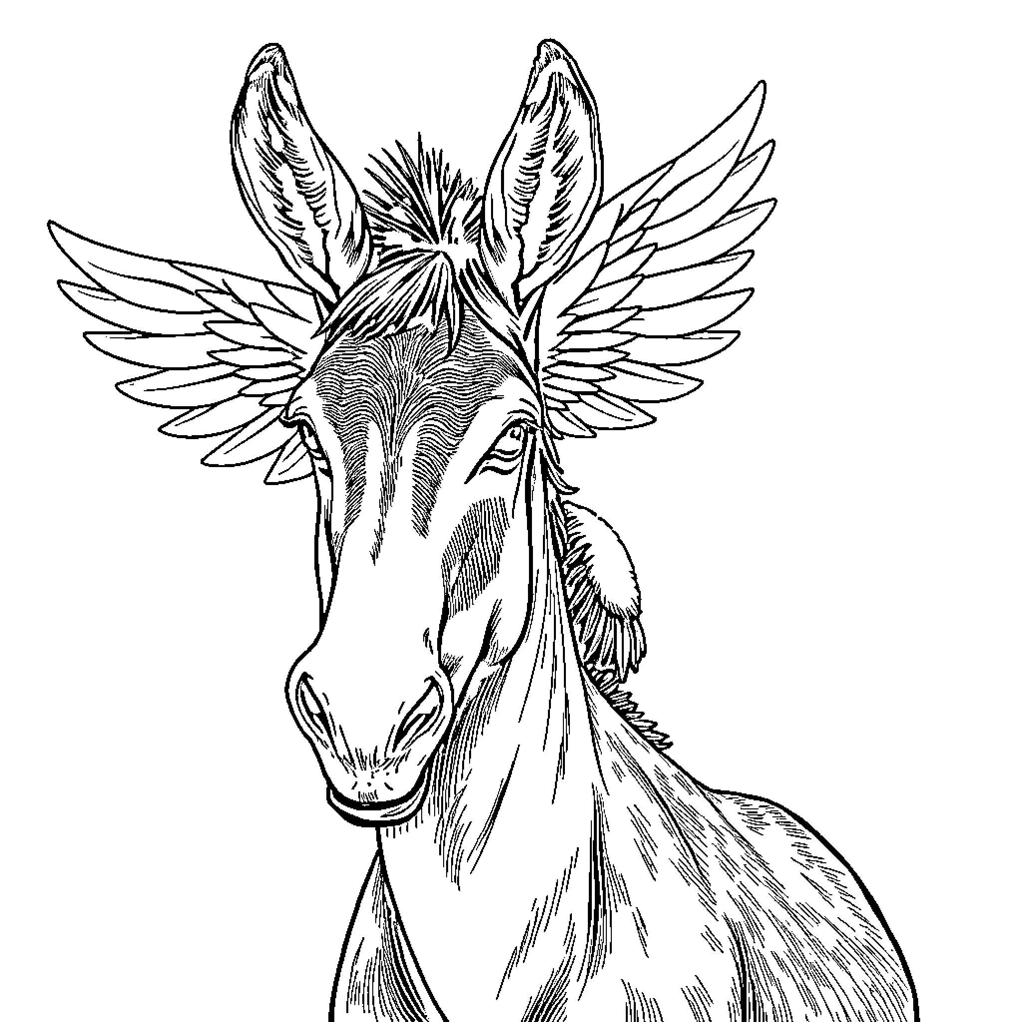 Donkey with majestic wings soaring through the sky Coloring Page (free black-and-white line drawing printable PDF for all, from beginners to advanced learners, including children, teens, adults, and seniors)