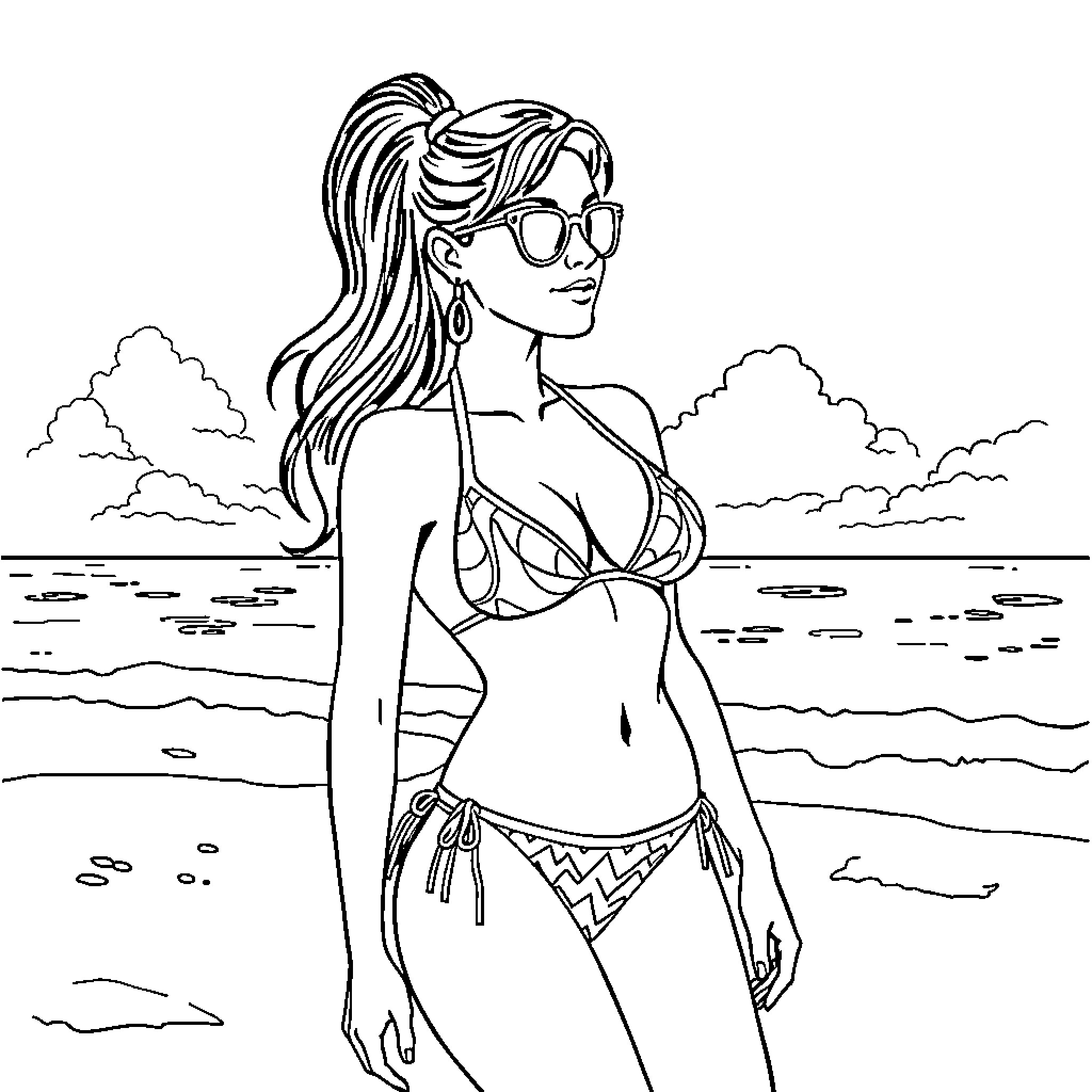 Mira relaxing on the beach Coloring Page (free black-and-white line drawing printable PDF for all, from beginners to advanced learners, including children, teens, adults, and seniors)