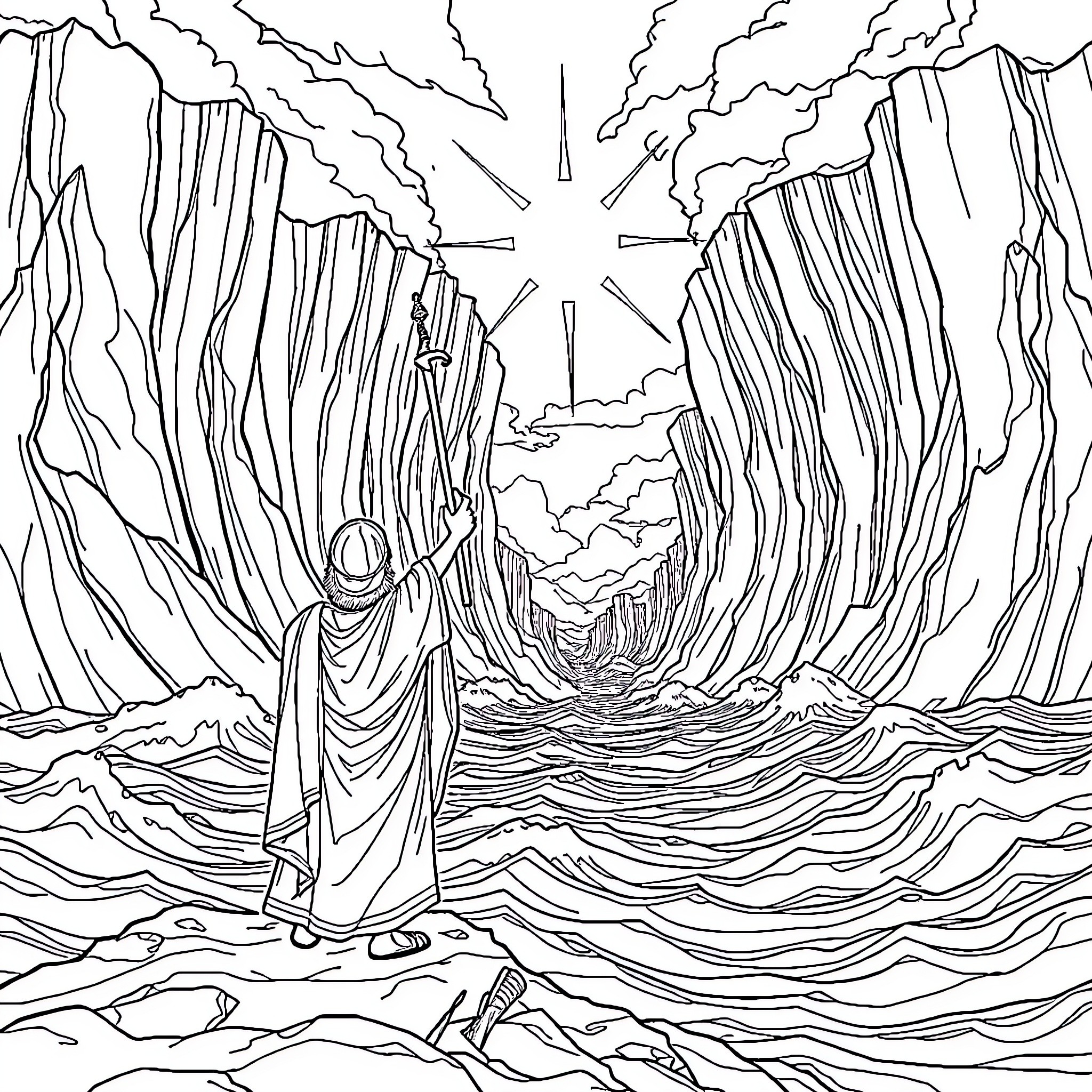 Moses parting the Red Sea with divine power Coloring Page (free black-and-white line drawing printable PDF for all, from beginners to advanced learners, including children, teens, adults, and seniors)
