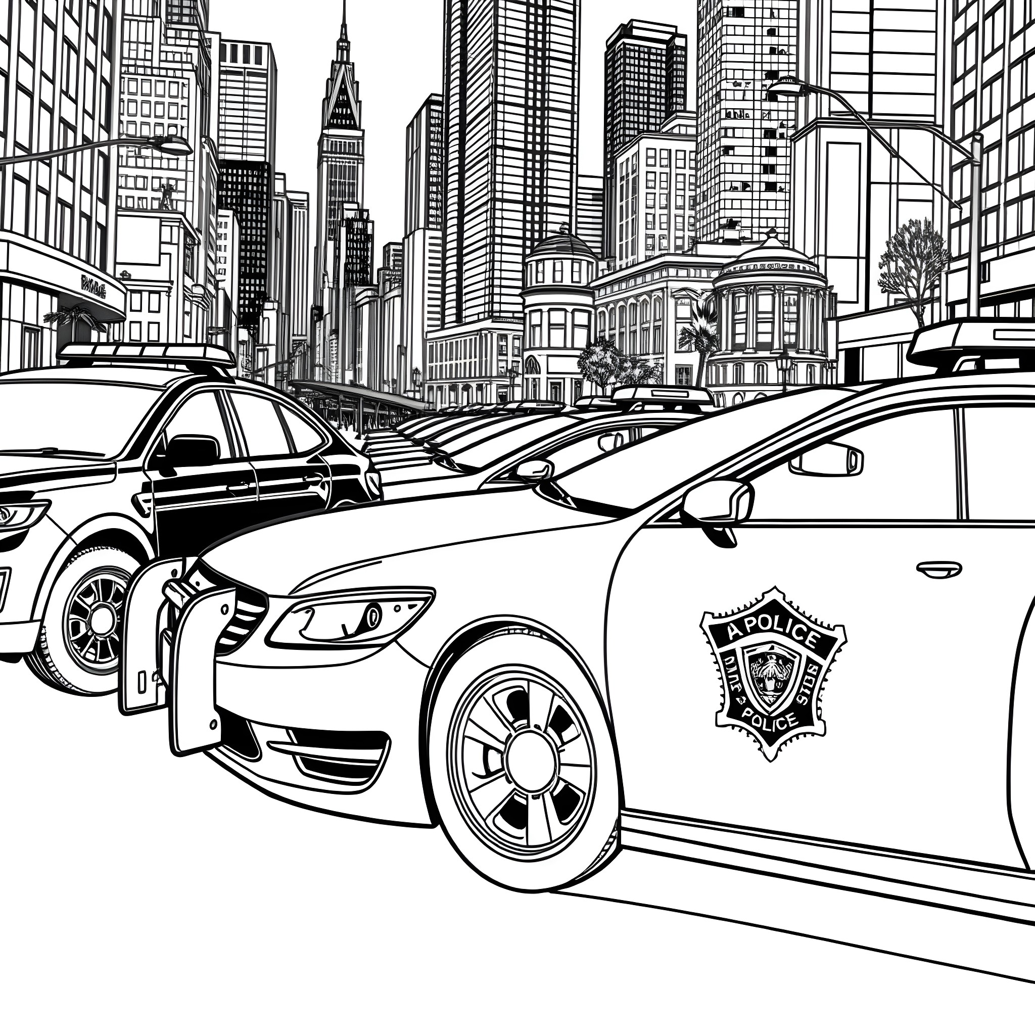 Police Cars Patrolling the Busy City Streets Coloring Page (free black-and-white line drawing printable PDF for all, from beginners to advanced learners, including children, teens, adults, and seniors)