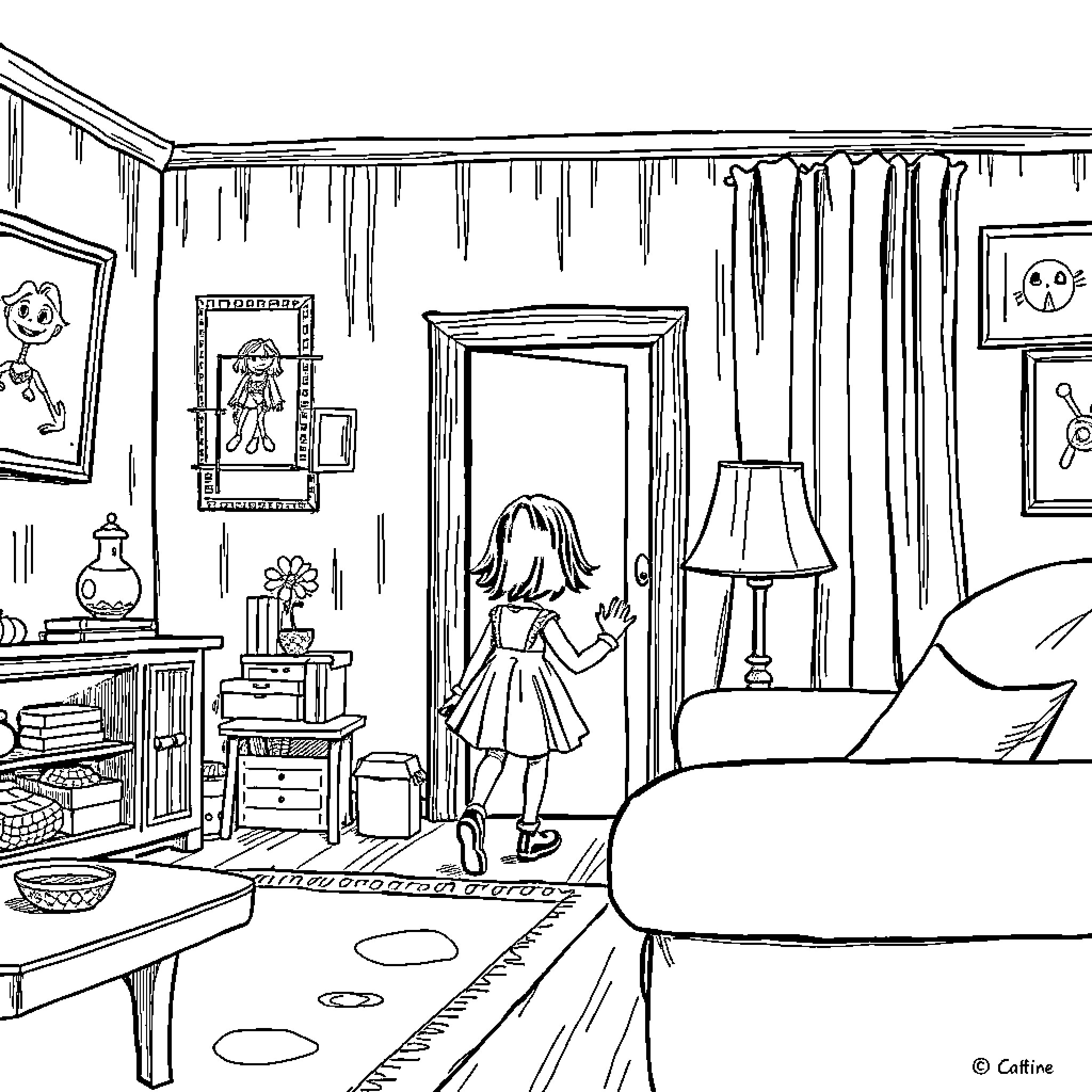 Coraline exploring the mysterious and whimsical world Coloring Page (free black-and-white line drawing printable PDF for all, from beginners to advanced learners, including children, teens, adults, and seniors)