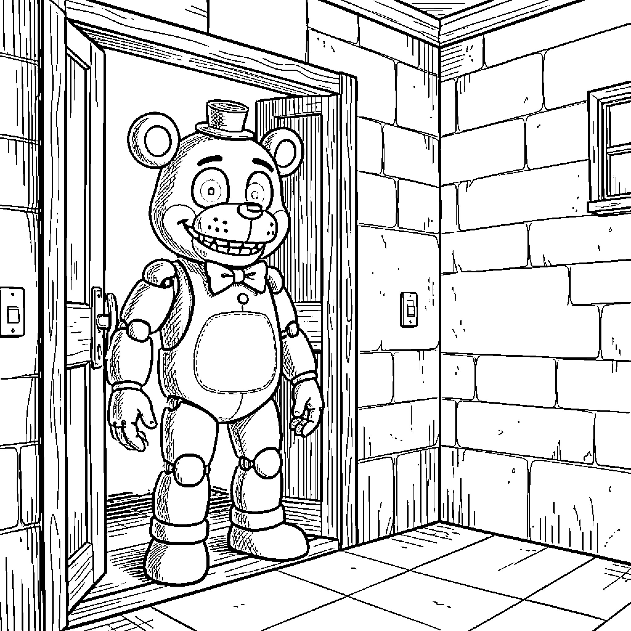 Freddy Fazbear greets visitors in a haunting corridor Coloring Page (free black-and-white line drawing printable PDF for all, from beginners to advanced learners, including children, teens, adults, and seniors)