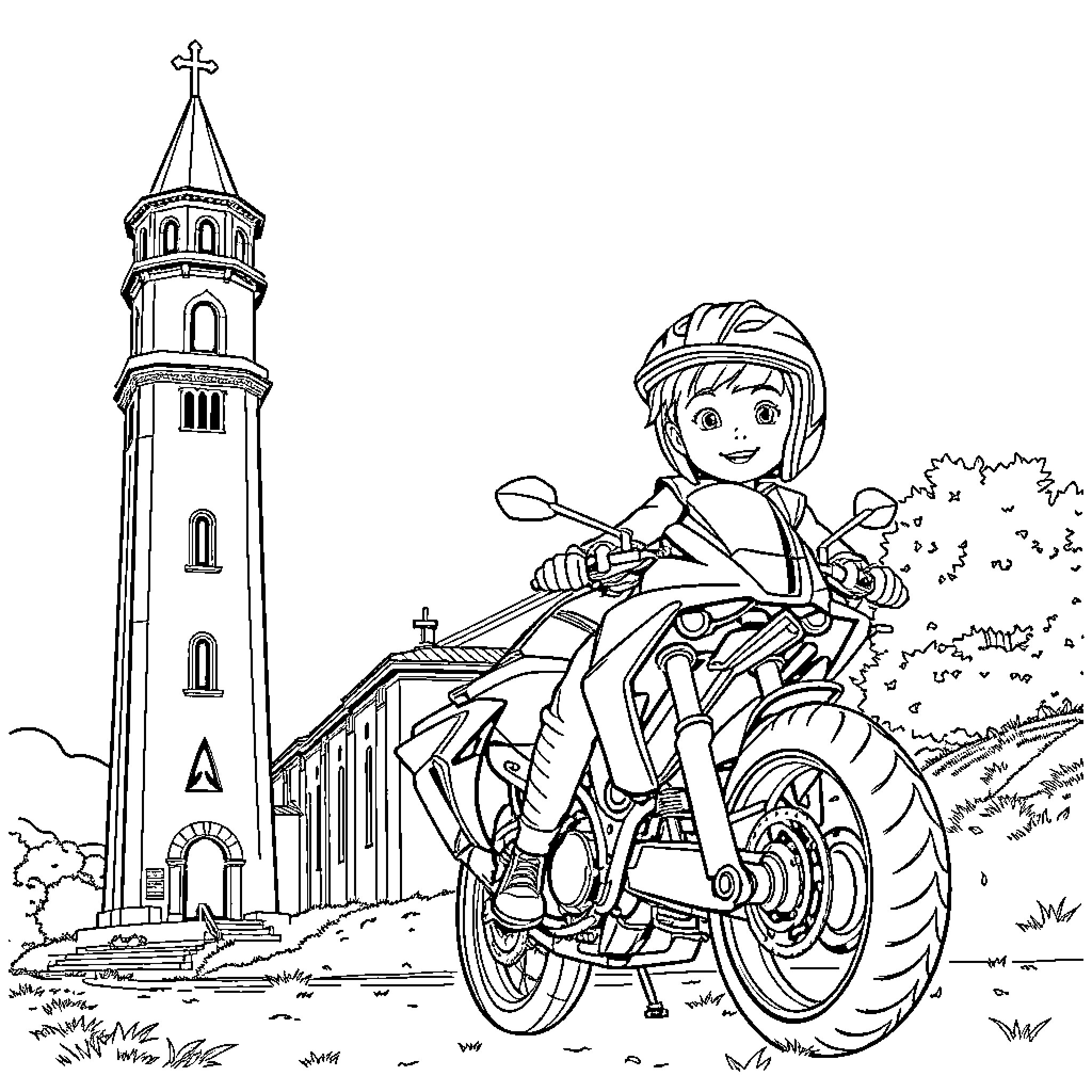 Campanile Featuring a Motorcyclist Exploring the Outdoors Coloring Page (free black-and-white line drawing printable PDF for all, from beginners to advanced learners, including children, teens, adults, and seniors)