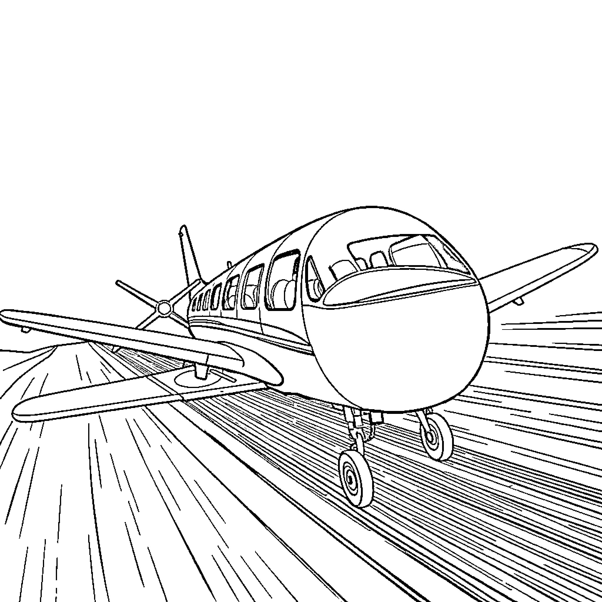 Airplane speeding down the runway for takeoff Coloring Page (free black-and-white line drawing printable PDF for all, from beginners to advanced learners, including children, teens, adults, and seniors)