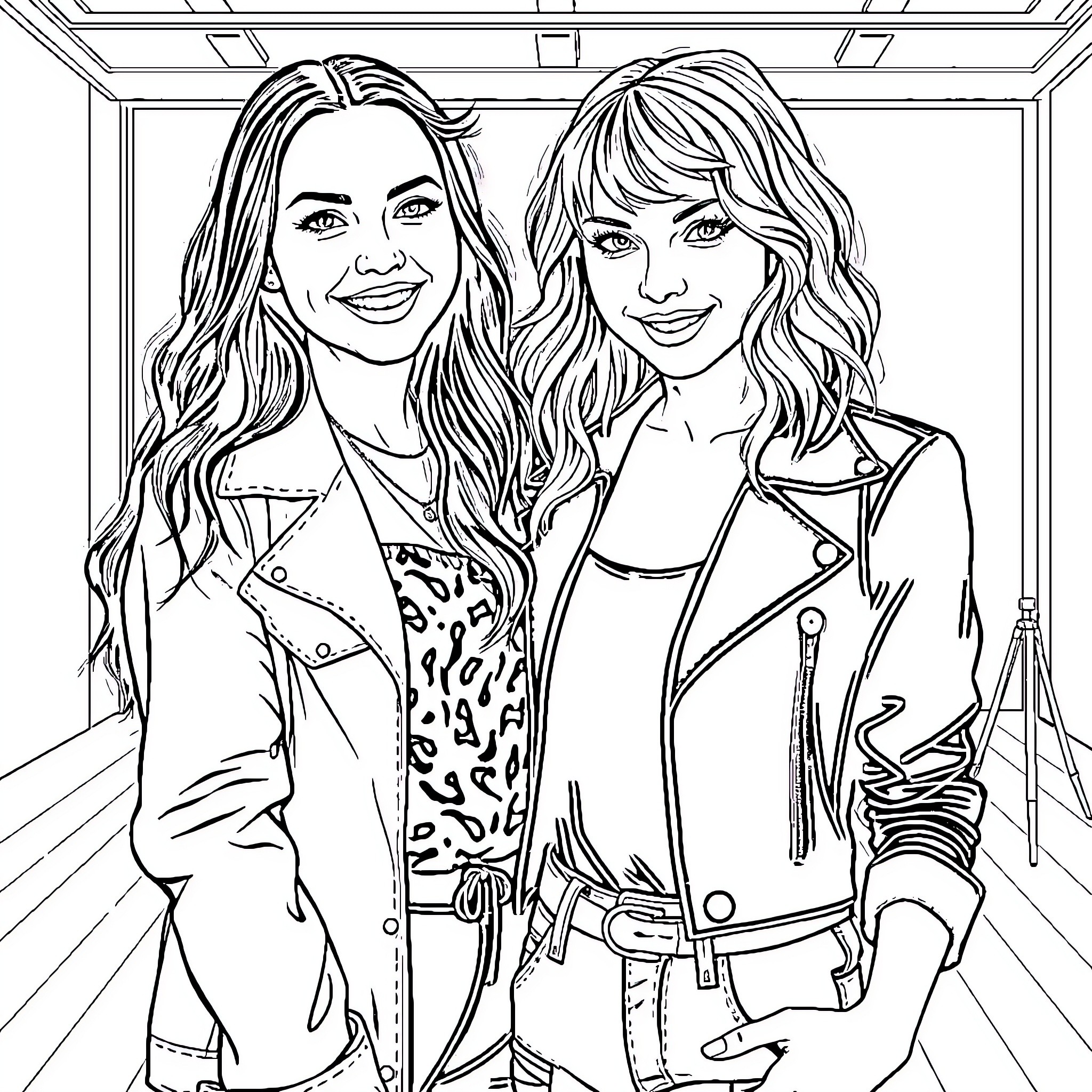 Sabrina Carpenter and Friend Posing Stylishly Coloring Page (free black-and-white line drawing printable PDF for all, from beginners to advanced learners, including children, teens, adults, and seniors)