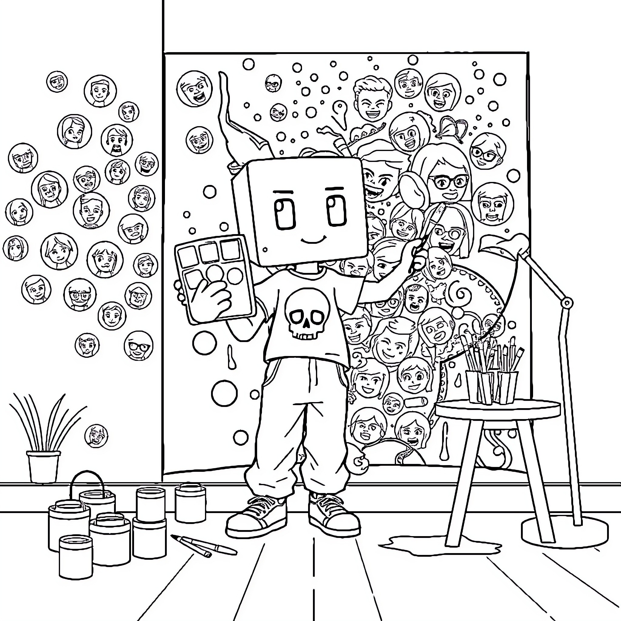 Box-Head Character in Artistic Studio Surrounded by Faces Coloring Page (free black-and-white line drawing printable PDF for all, from beginners to advanced learners, including children, teens, adults, and seniors)